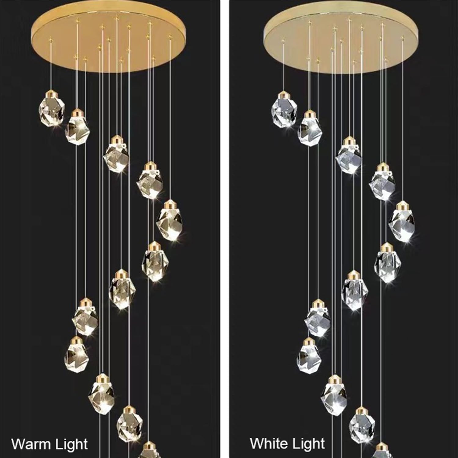 Lámpara de araña LED Regulable de Cristal de 3000-6000 K para Sala de Estar - Lámpara Colgante Dorada de 16 Luces para Escalera de Caracol de 300 cm de Largo para vestíbulo con ent