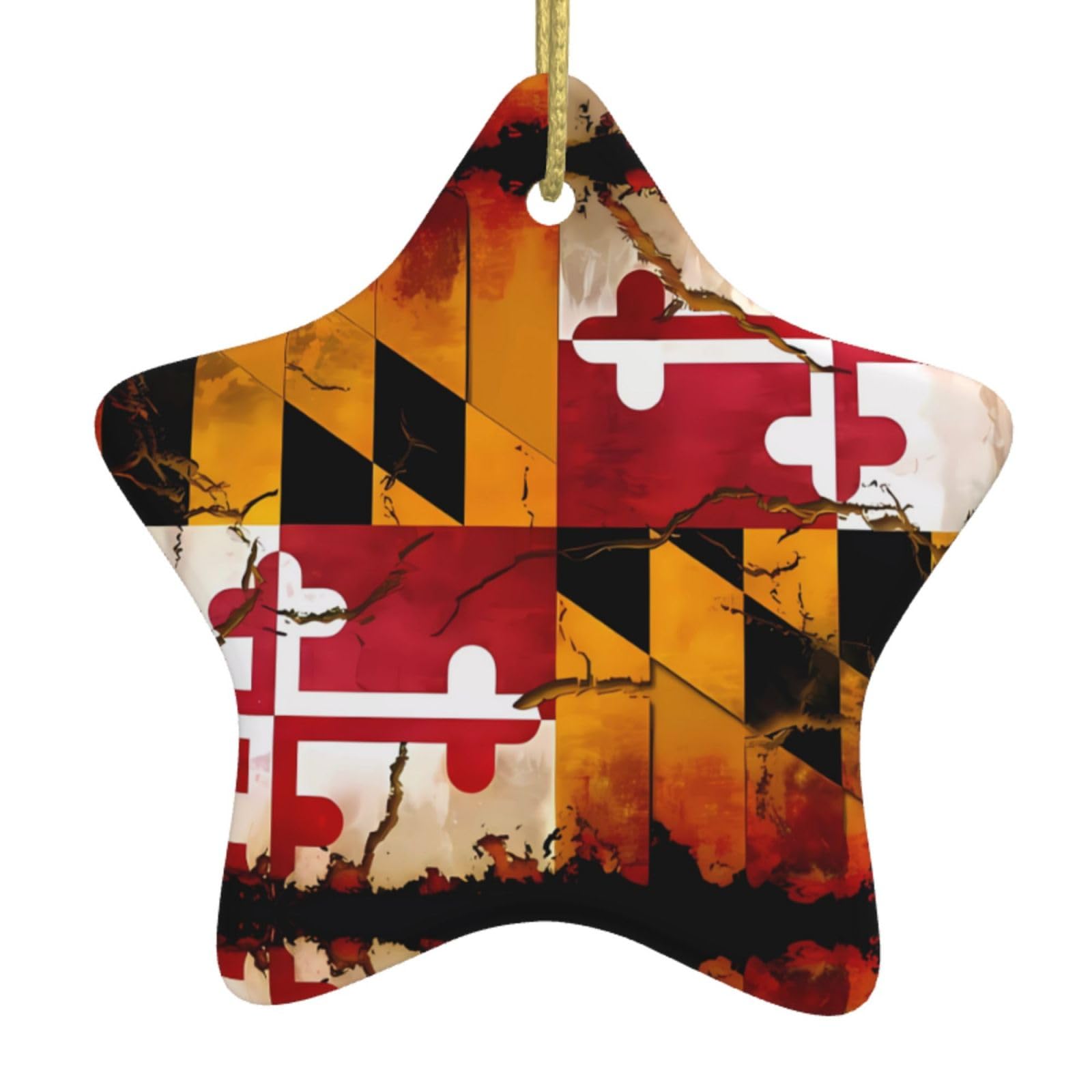 Vintage Wooden Maryland Flag Christmas Ceramic Star Pendant with Punched Holes and Gold Wire Rope, Christmas Tree Home Decoration