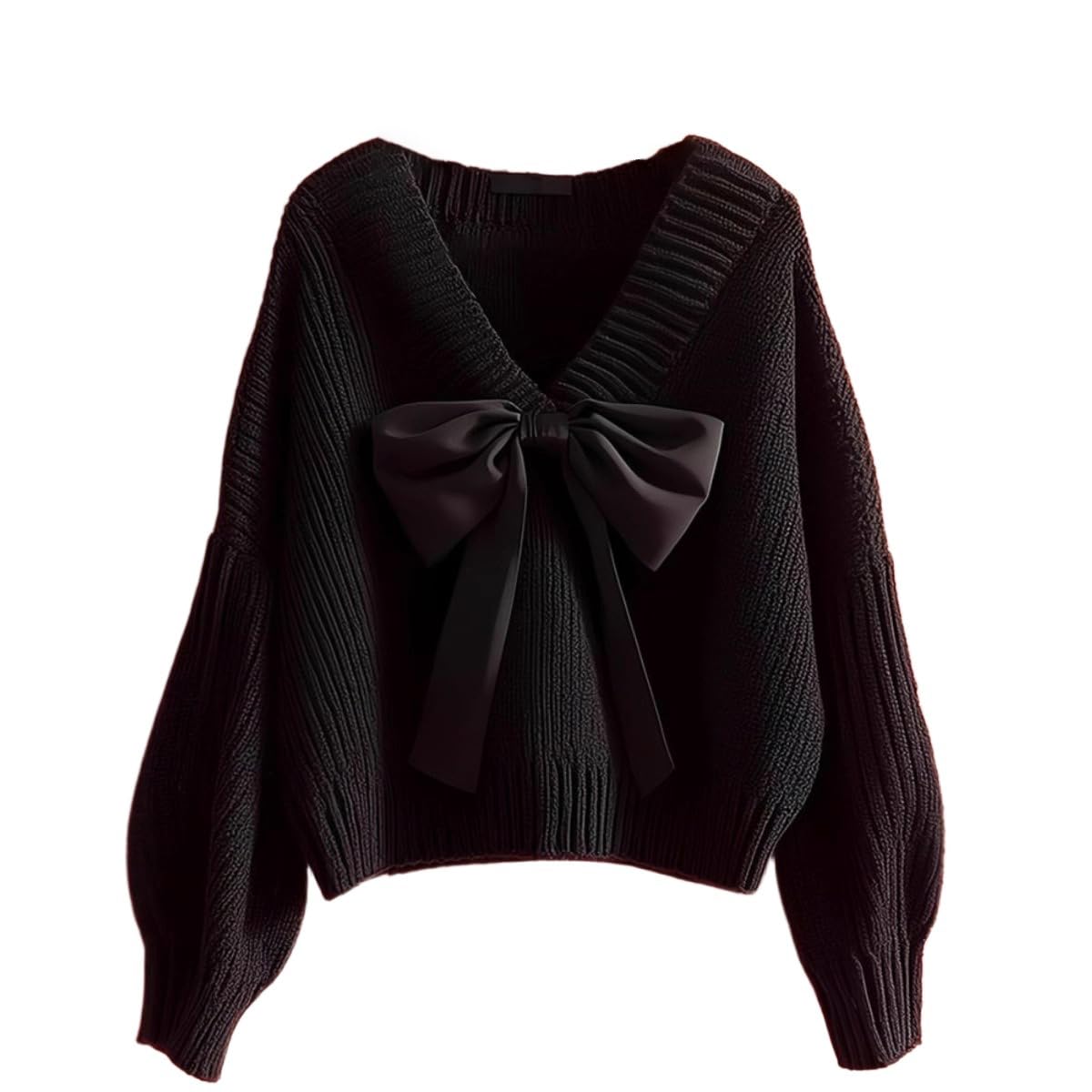 Womens Bow Tie V Neck Sweater Long Sleeve Knit Pullover Tops Fall Winter Solid Oversized Sweaters Knitwear