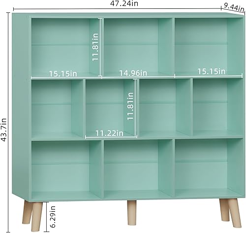 Miniatura 3 de LEYAOYAO Estantería de 10 cubos, estantería ancha moderna de 3 niveles con patas, estantería de madera de mediados de siglo, estuche grande verde