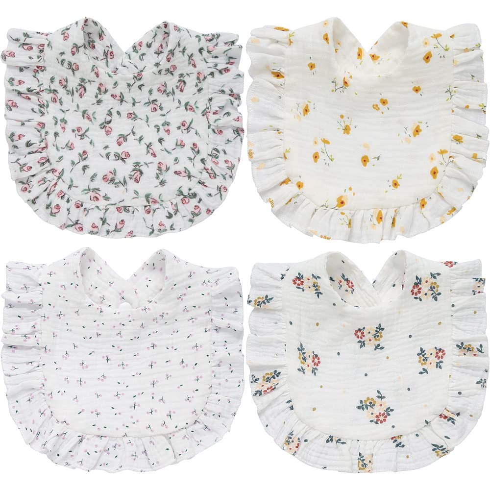 SZJIAHTM 4 Pack Of Newborn Toddler Soft Cotton Teething Bib Feeding Bib Ruffle Edge Adjustable Snap Dribble Infant Bibs For boys Girls