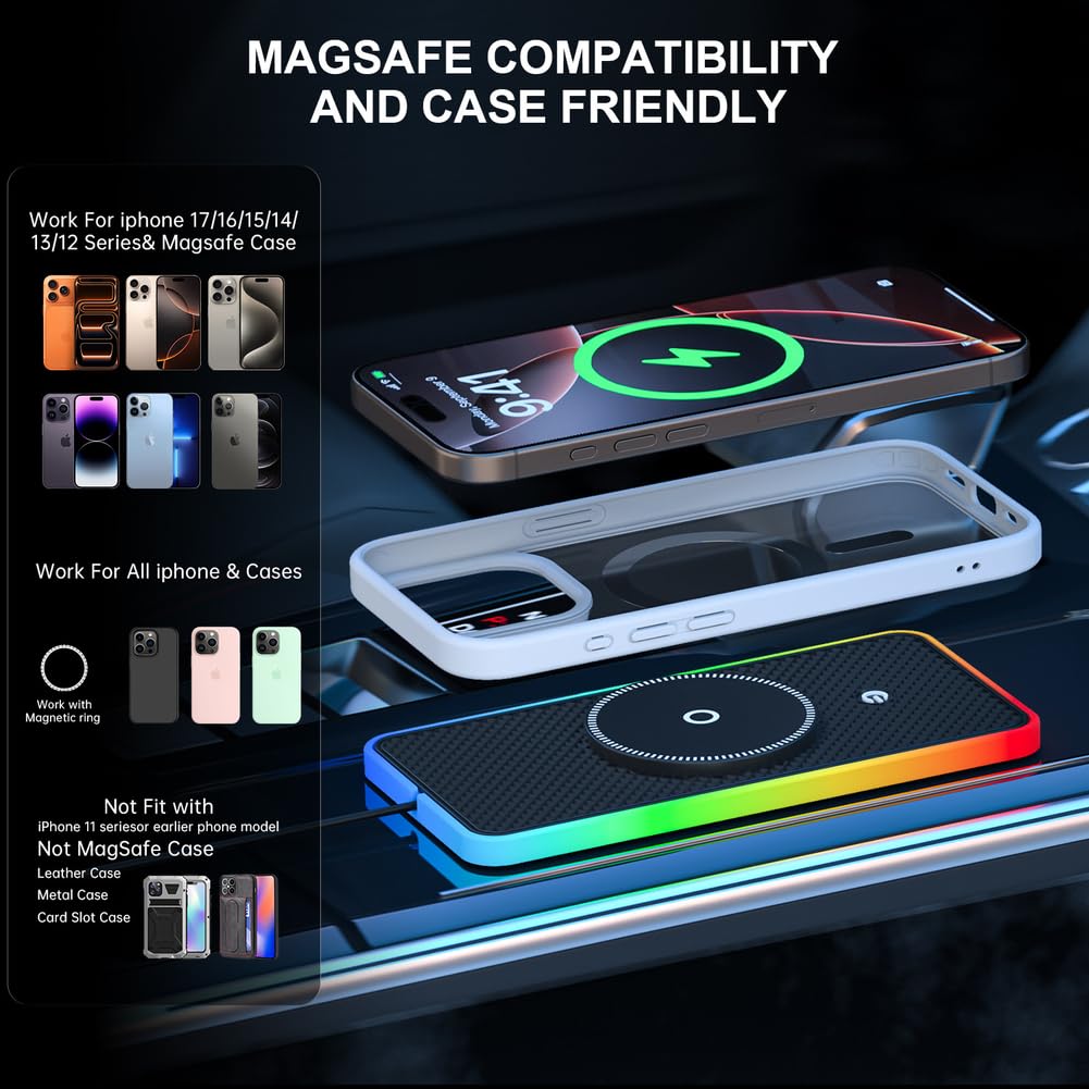 1 caricabatterie wireless per auto, 20 W, ricarica rapida con luce RGB, tappetino antiscivolo per iPhone per Android, supporto magnetico per cruscotto auto, ABS nero, uso domestico e auto (cavo