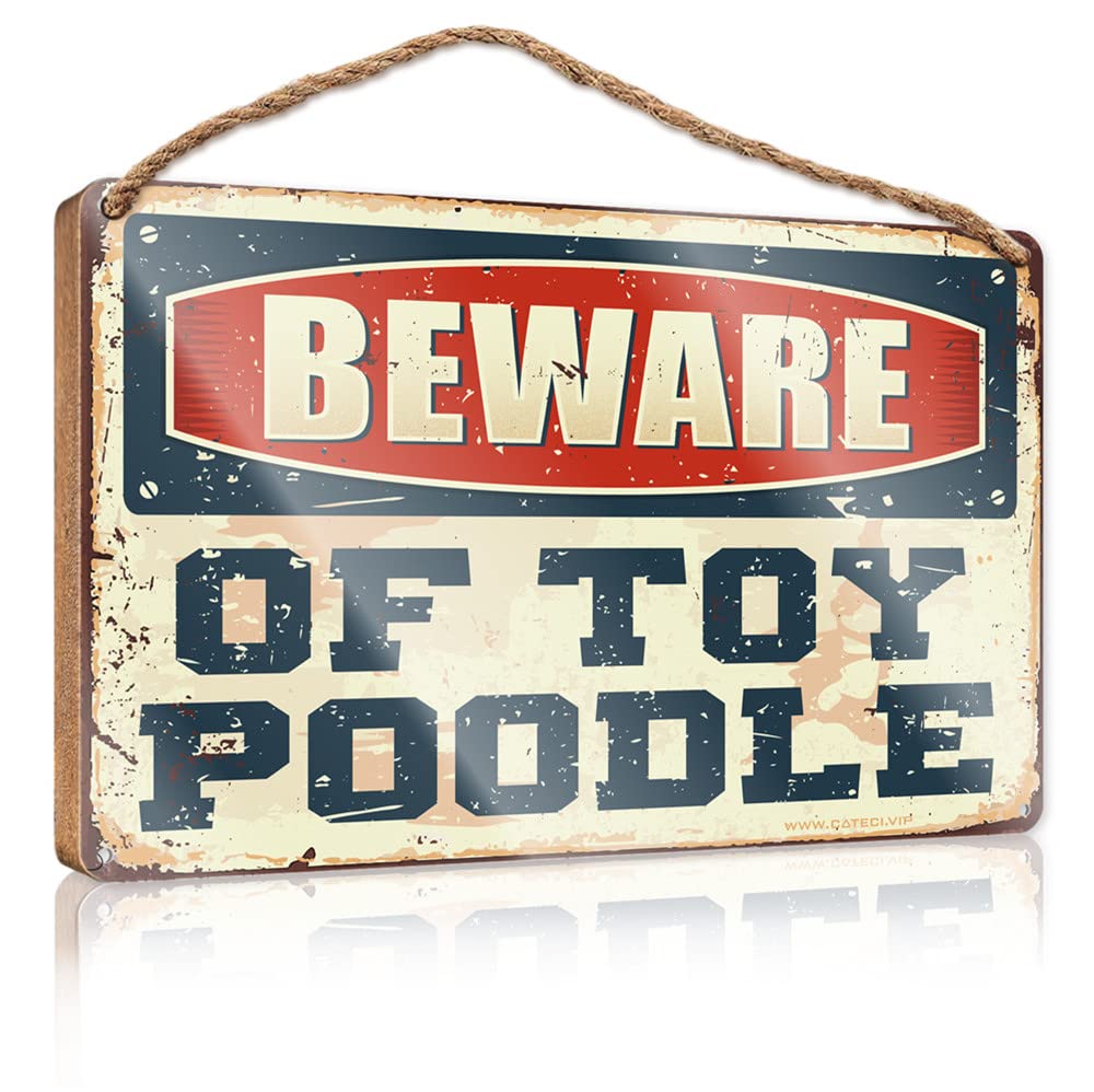 FZFN Hanging Plaque Sign Beware Of Toy Poodle Wooden Sign Wood Home Sign Outdoor Wooden Signs(23X35CM)