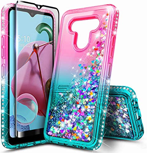 E-Began Case for LG K51, LG Reflect LTE (L555DL) with Tempered Glass Screen Protector (Full Coverage), Sparkle Glitter Flowing Liquid Bling Diamond, Girls Women Kids Cute Phone Cover Case -Pink/Aqua