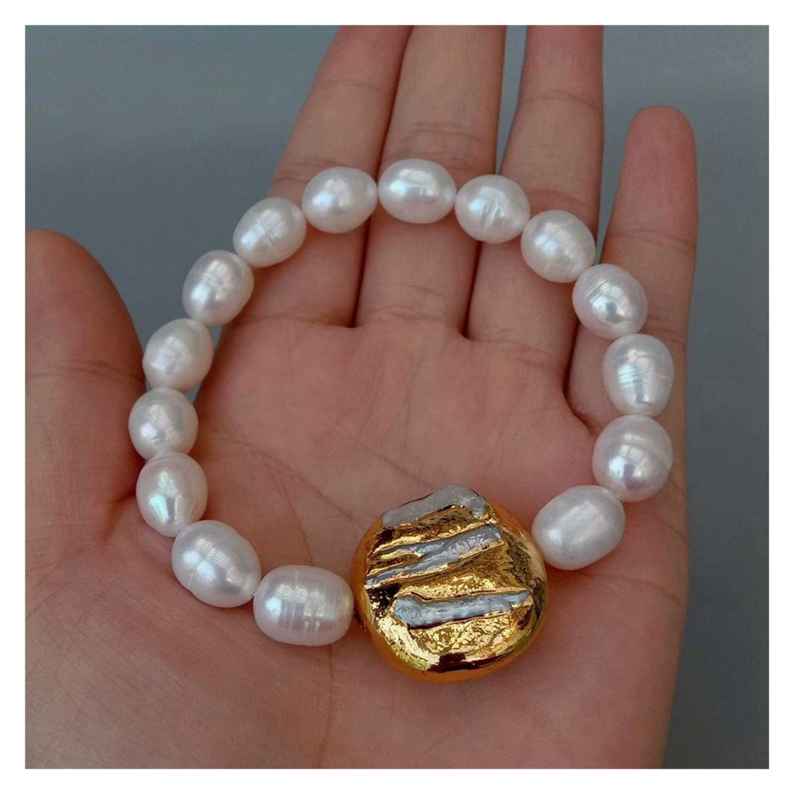 LAnGSHAW 9 x 11 mm natürliches weißes Reis-Süßwasser-Zuchtperlen-Biwa-Perlen-elastisches Armband