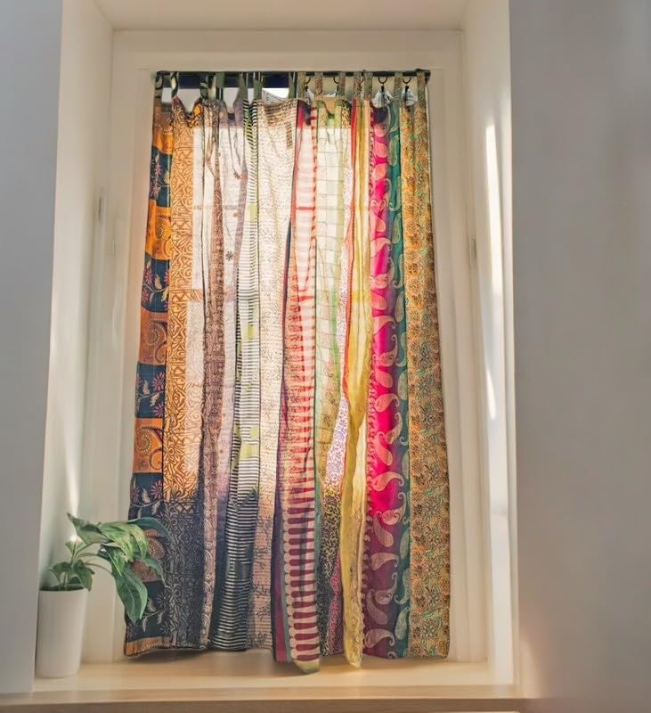 KRAAFTY Indian Old Silk Blend Sari Curtains - Unique Patchwork Window Drapes for Livingroom and Bedroom - Light Filtering Home Décor Curtains (Multi)