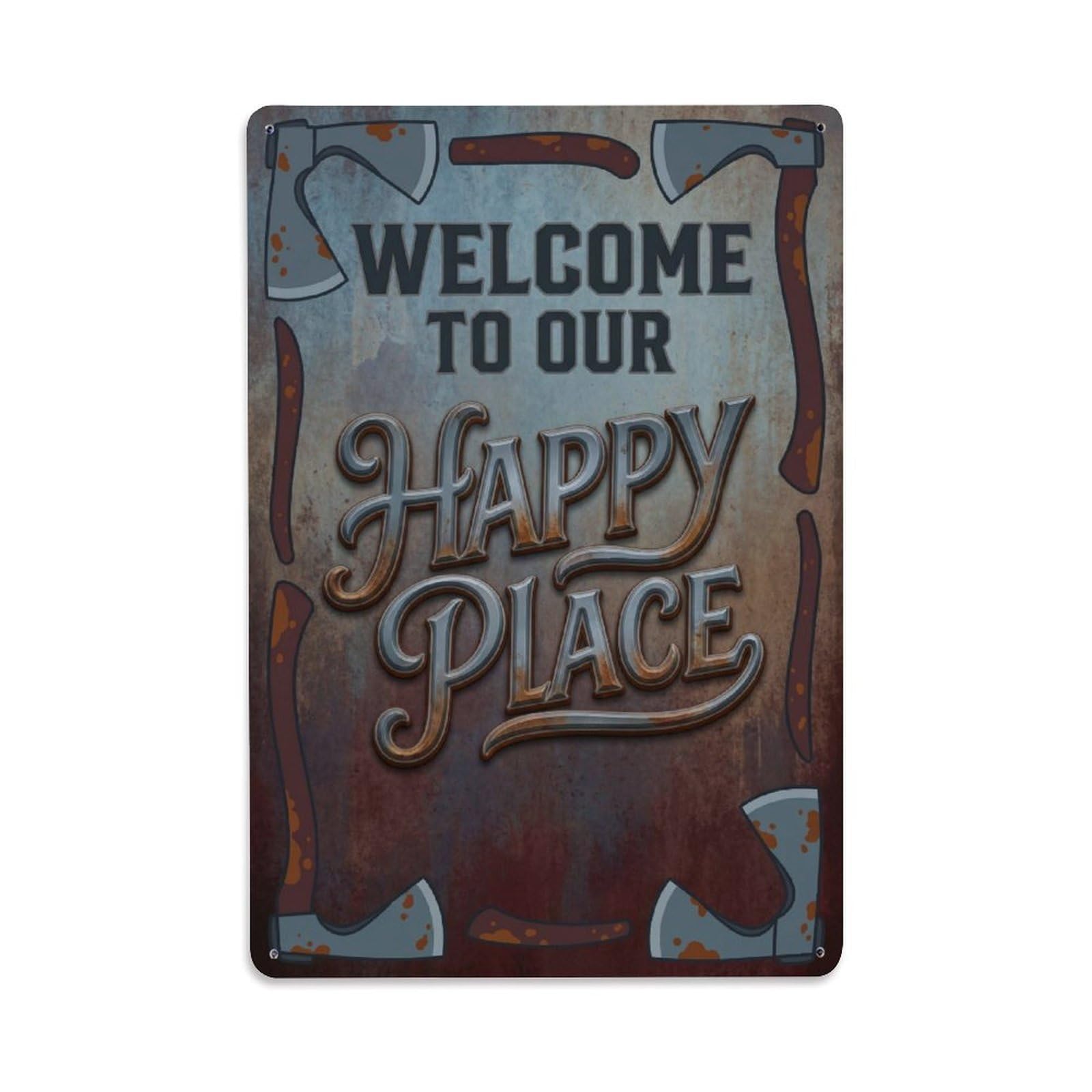 Okngb Style Turquoise Gem Welcome Happy Place Garden Gate Border Metal Tin Sign Plaque Wall Decor For Cafe, Man Cave, Club Bar, Office, Home Garden Round Metal Poster 8X12inch