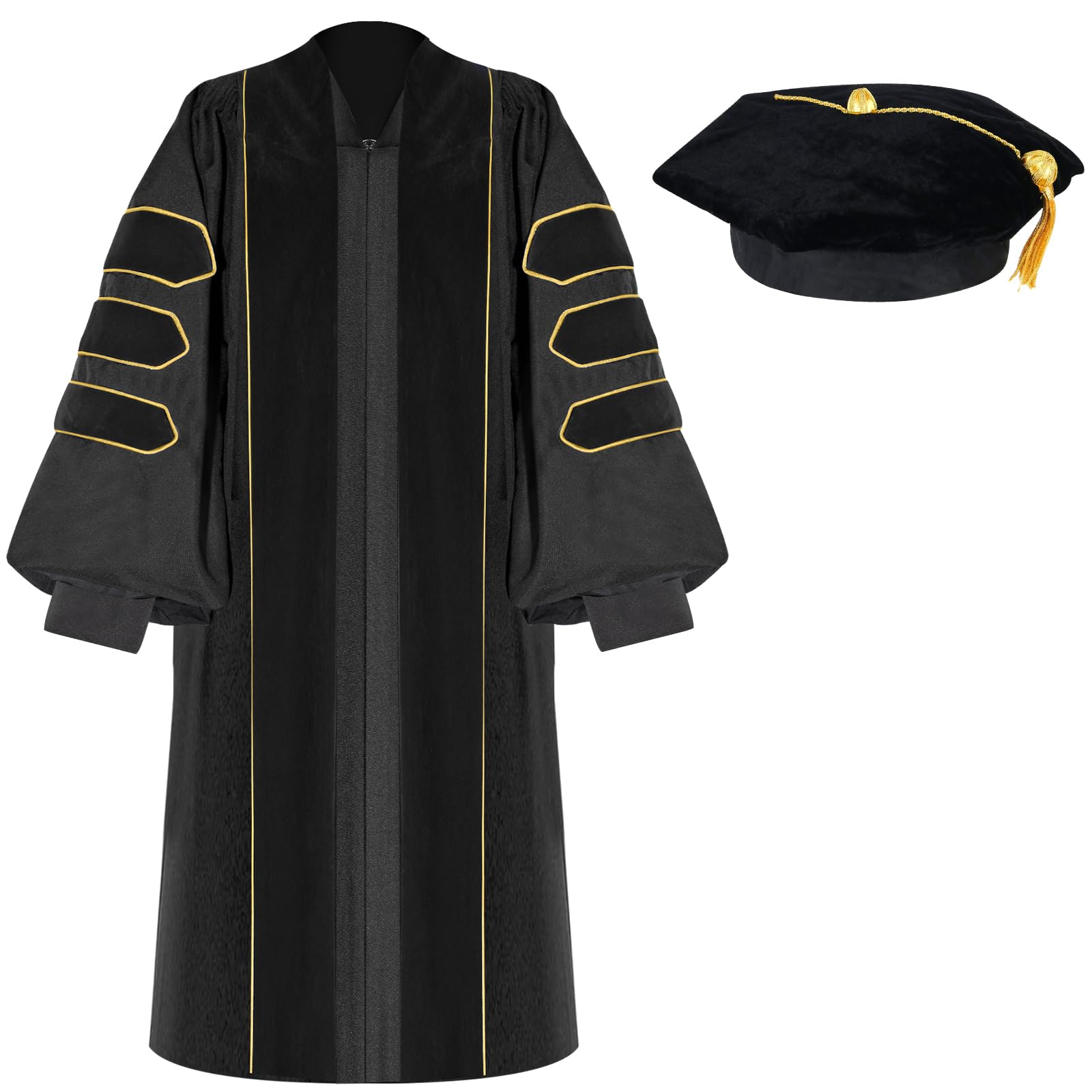 Unisex Deluxe Doctoral Graduation Gown with 8 Sides Doctorate Tam | Gold Piping Doctoral Regalia for Graduation Ceremony Black-54