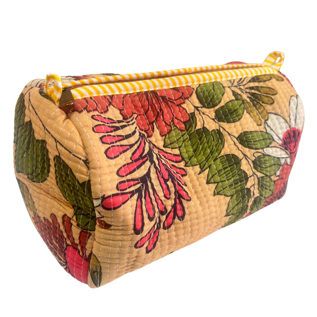 Quilted Cotton Travel Organizer Bag Set of 3 β Waterproof Toiletry Pouch, Cosmetic Makeup Bag & Multipurpose Travel Pouches for Women & Men, Handcrafted Block Print (Floral Beige) 2