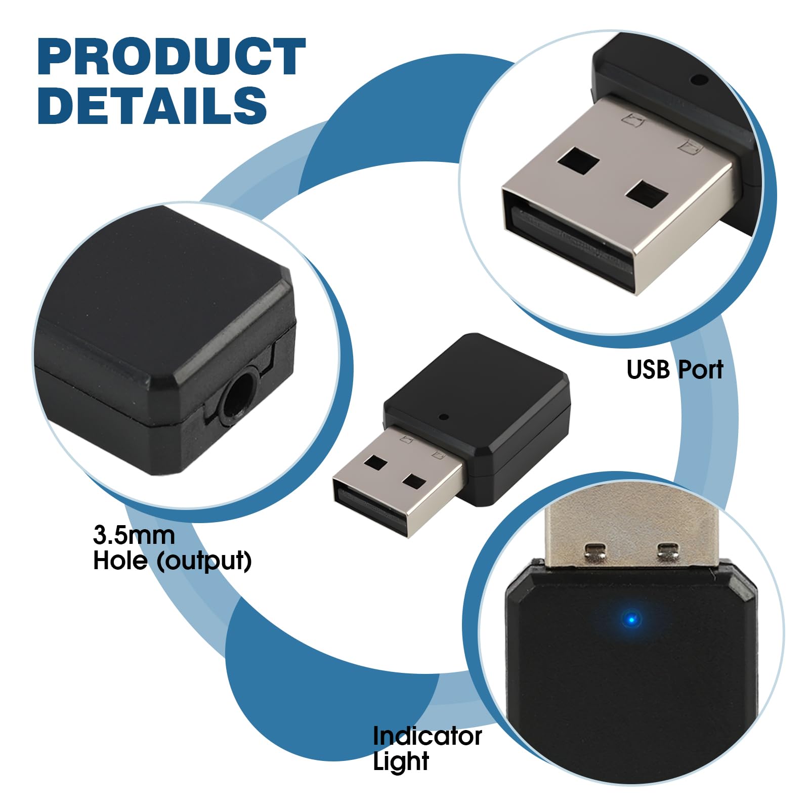 Adattatore USB Bluetooth 5.1 ricevitore per musica e vivavoce, adattatore Bluetooth USB per auto radio con cavo AUX, plug and play con microfono integrato, universale compatibile per auto, PC, TV