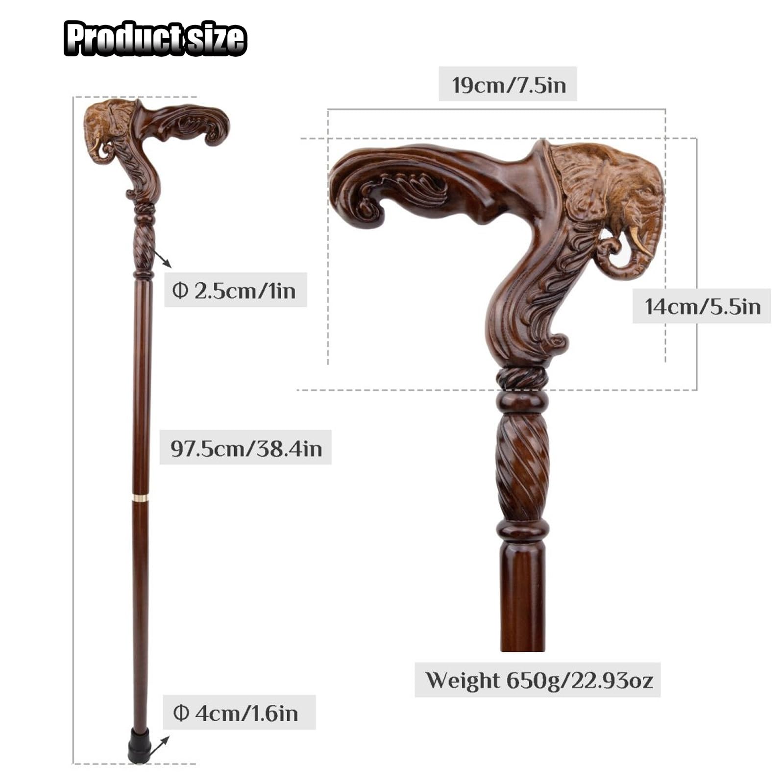 Bastón de Madera de Elefante Marrón de 97 Cm, Mango Ergonómico Ideal para Hombres y Mujeres Mayores