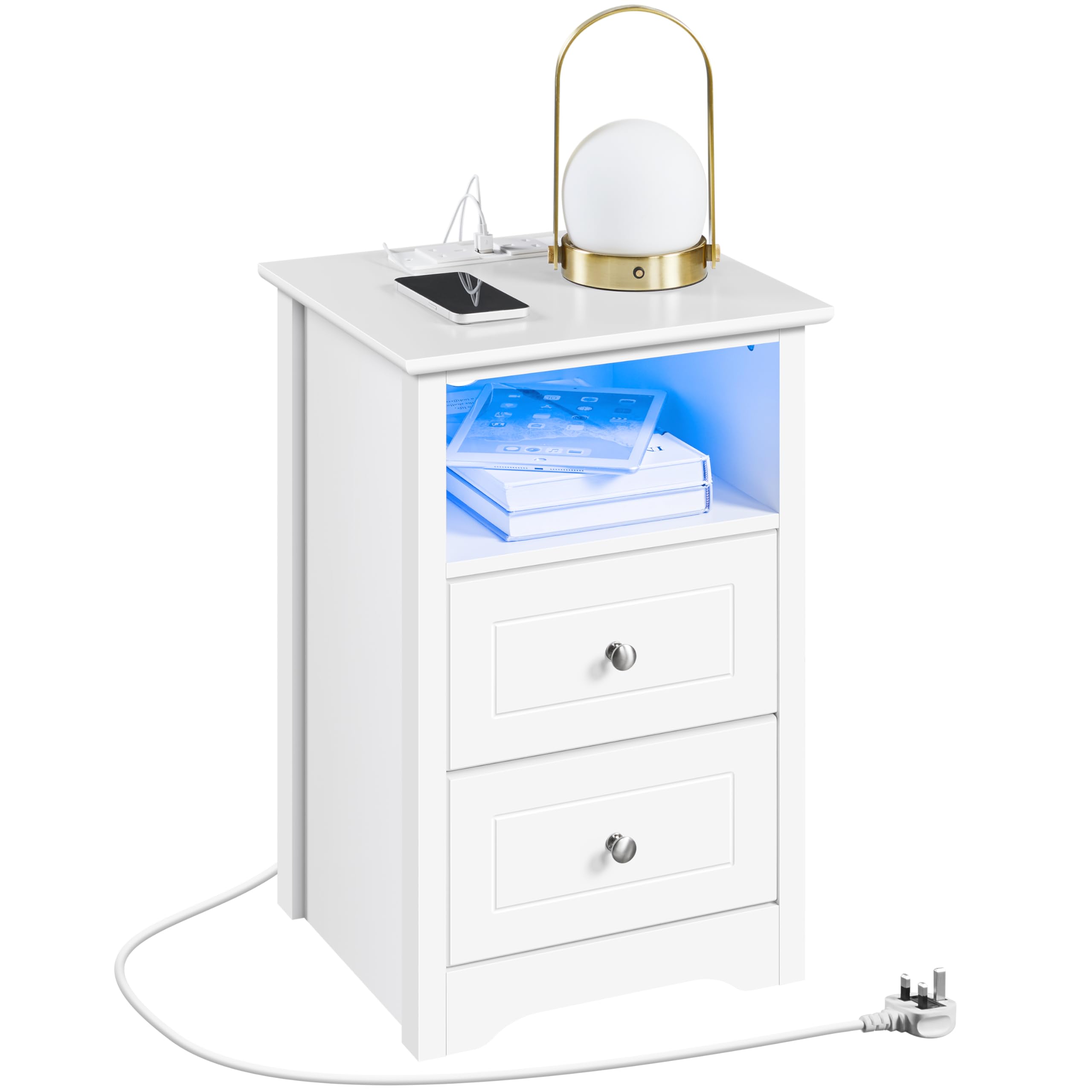 Yaheetech Bedside Cabinet with 2 Drawers and Open Shelf, White