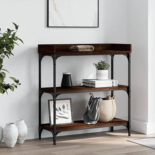 Miniatura 10 de vidaXL Mesa consola contemporánea negra con estantes, marco de madera y metal, patas ajustables para estabilidad, ideal para entrada, sala de estar