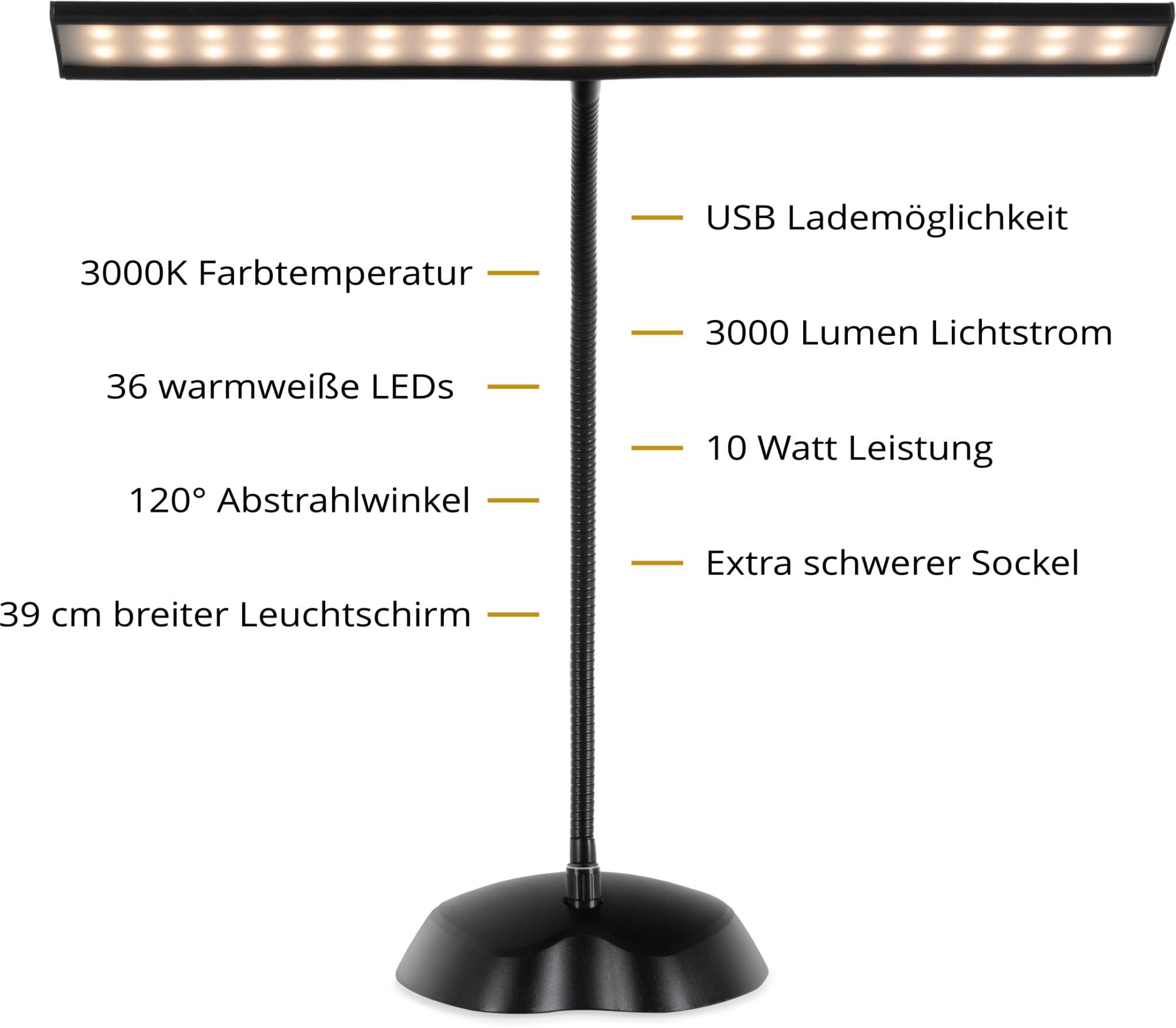 Classic Cantabile 12220 Lampada da Pianoforte Dimmerabile Bianca - 36 LED luminose - Collo d'oca lungo 38 cm - Porta di ricarica USB integrato per smartphone o tablet - Nero