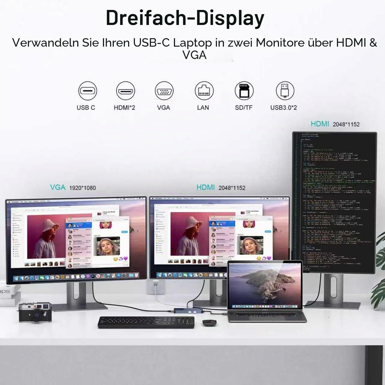 USB Docking Station GIQ USB C HUB USB 3.0 to Dual HDMI VGA Adapter Triple Display USB C Laptop Docking Station Dual Monitor HDMI Splitter Extender Compatible with MacBook M1 M2 M3 M4 M5 USB Dock