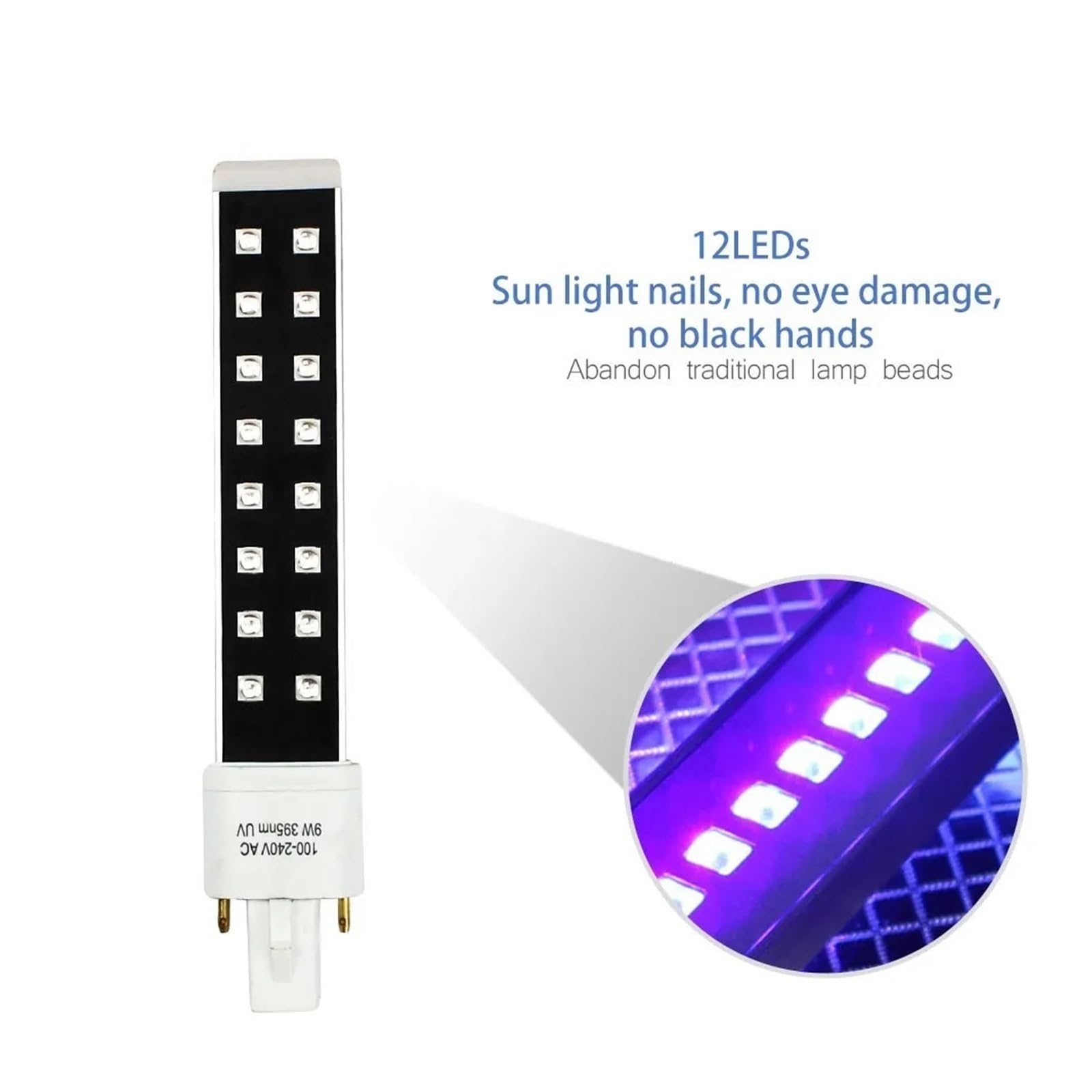Ampoule à polymérisation UV 9W, Tube de lampe LED UV, sèche-ongles, Machine à lumière à polymériser, Source 365 + 405nm Haute énergie, largement utilisé(4PS_12LED)