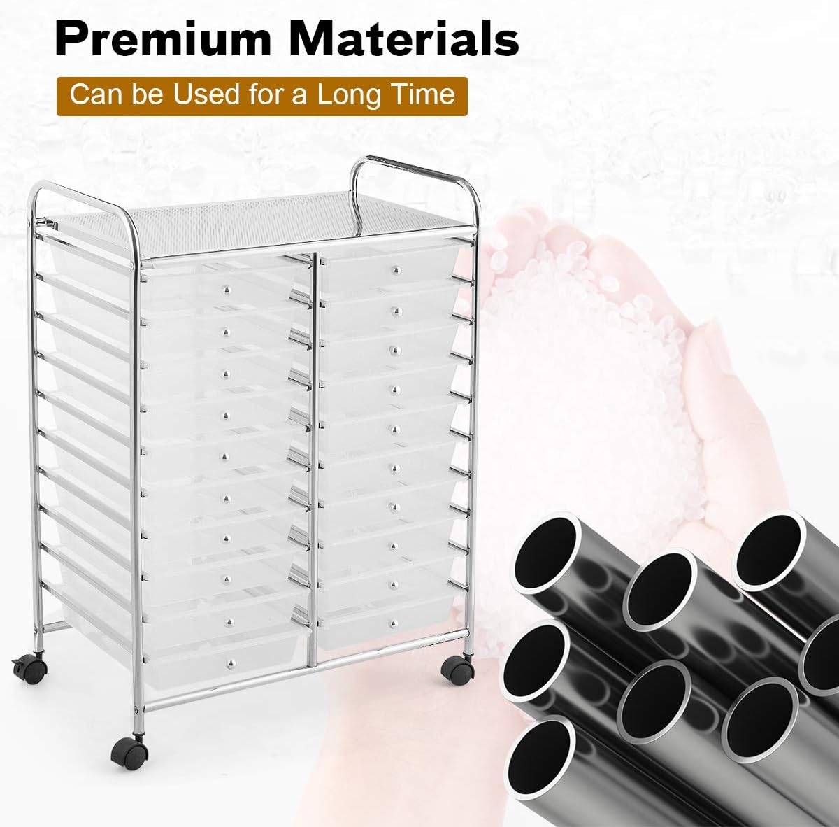 Clear 20-Drawer Rolling Organizer Cart with Chrome Frame