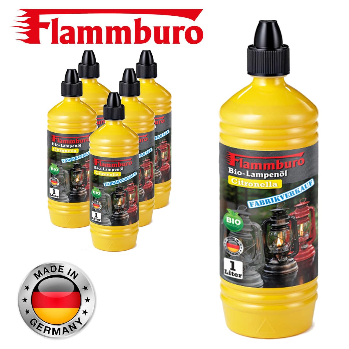 FLAMMBURO Aceite de lámpara orgánico Citronella 6 botellas – a base de plantas, con agradable aroma – para lámparas de aceite, lámparas de petróleo, antorchas, antorchas de jardín – Fabricado en