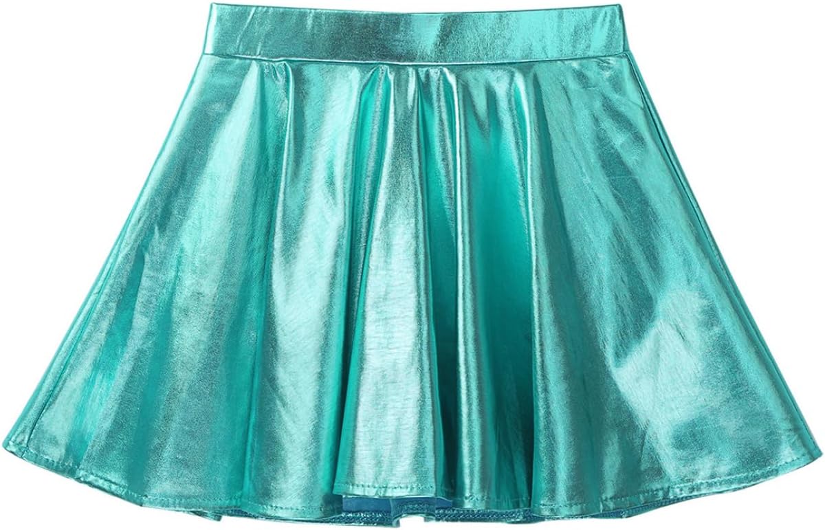 Kids Girls Shiny Metallic High Waist Athletic Skirts Ballet Dance Performance Scooter Skirt Skorts Activewear