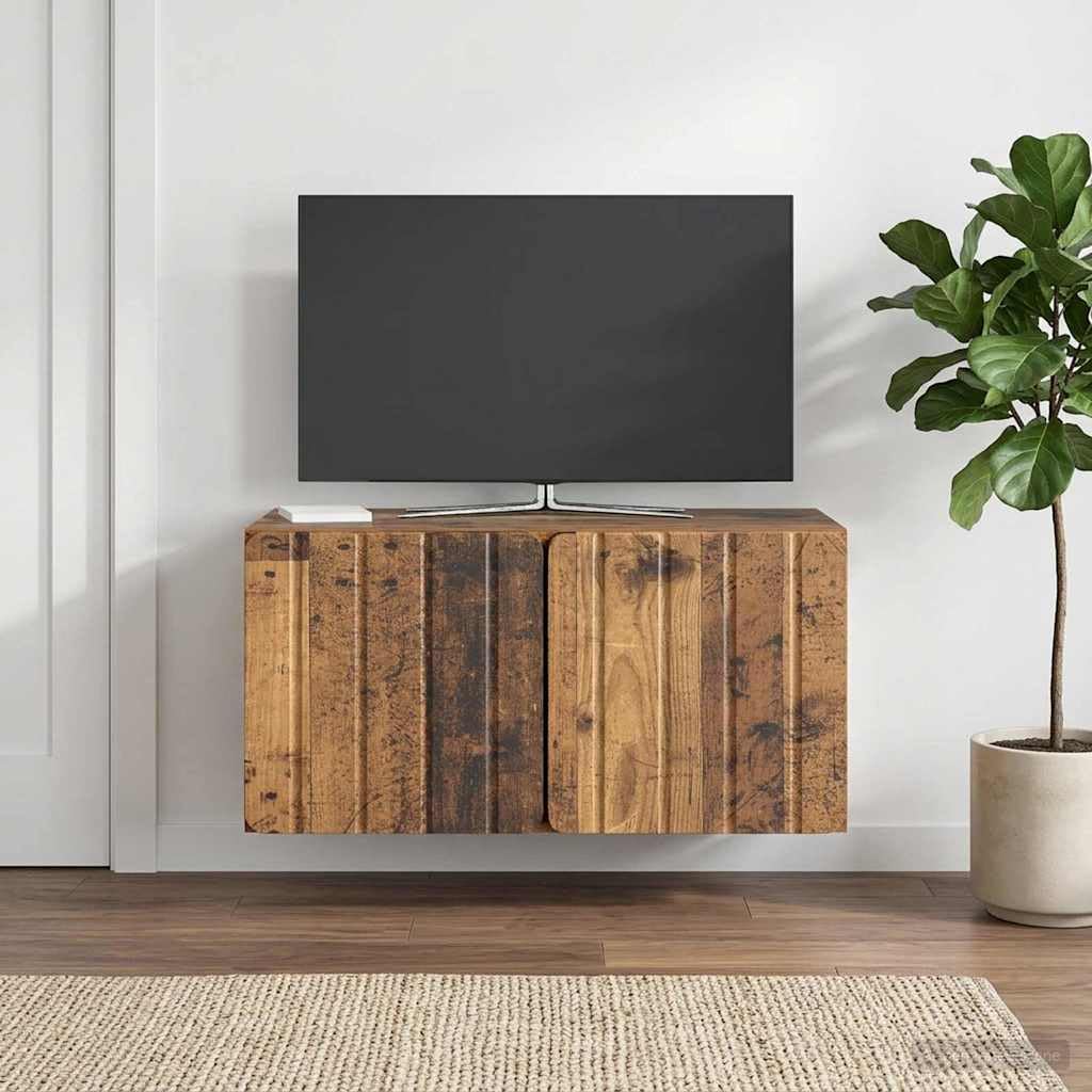 Mobile Porta TV da Muro in Legno Antico 59,5 x 31 x 30 cm con 2 Ante a Cerniera Girevole 90°, Supporto Sospeso Salvaspazio per Soggiorno Moderno, Consolle Armadietto Scaffale Versatile
