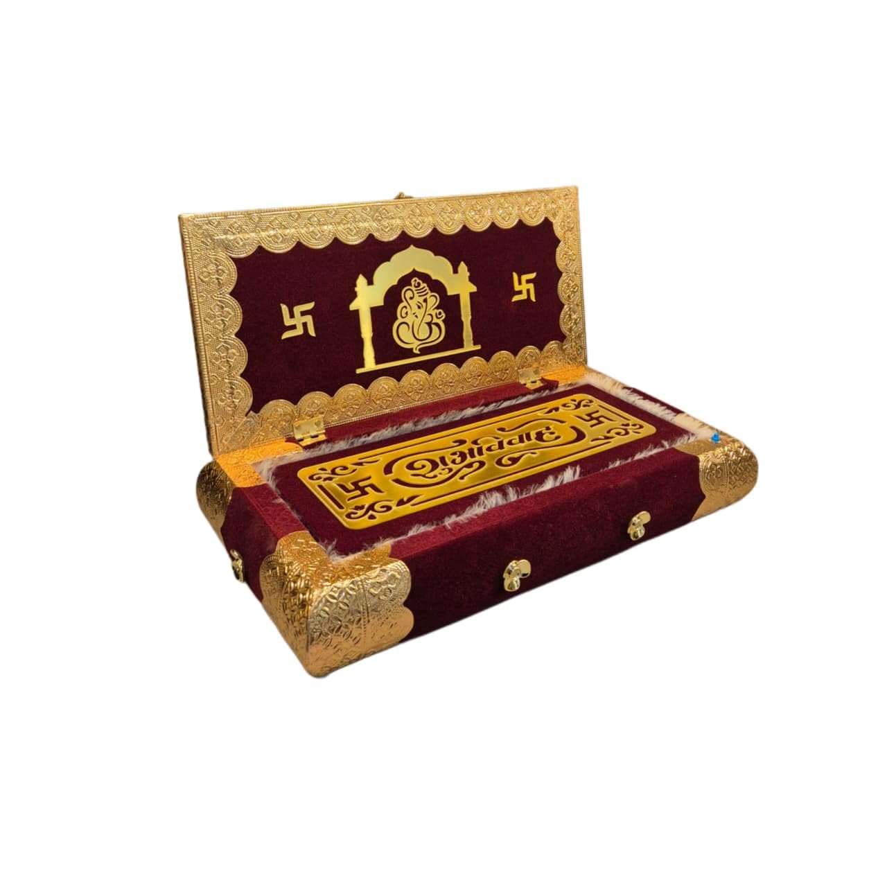 BALAJI MART Maroon Velvet Wedding Invitation Box with Gold Brass Frame, Ganesh Design, 12x6 Inch, Traditional Marriage Patrika with Tassel 3