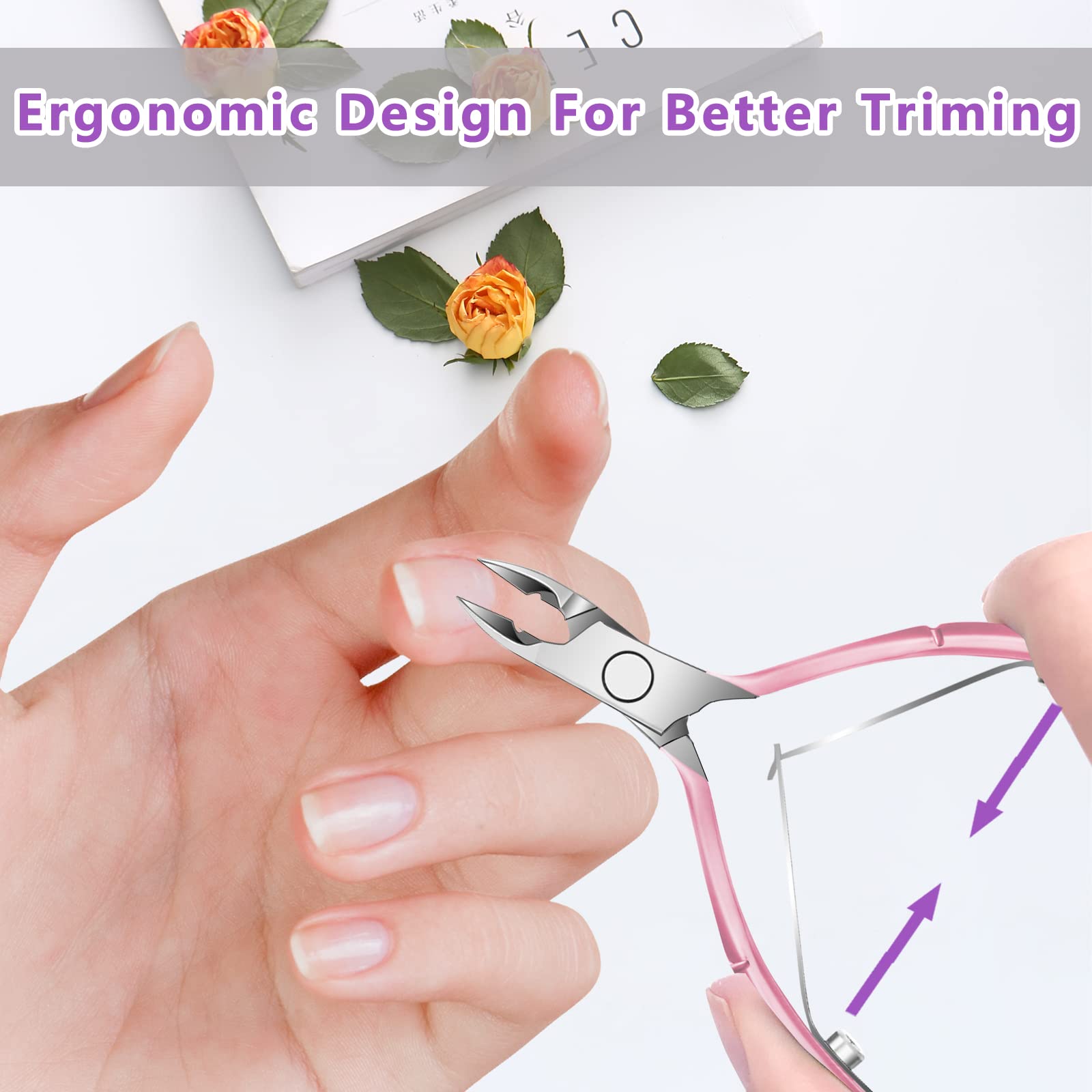 Nagelhautschneider mit Nagelhautschieber und Schere, Nagelhautentferner, professionelle langlebige Pediküre-Maniküre-Werkzeuge, Edelstahl Nagelhautzange Cutter Clipper (rosa Drücker)