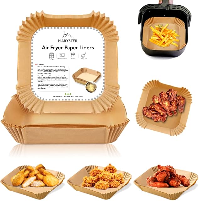 Maryster Air Fryer Liners 100 Pcs, 7.9 inch Square Air Fryer Accessories, Non-Stick Water Proof Air Fryer Disposable Paper Liners Compatible with Ninja, COSORI, Tower