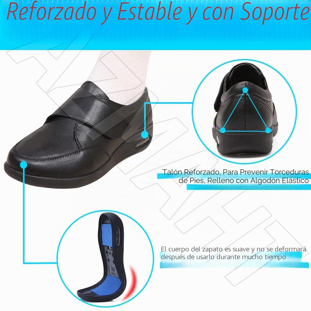 Zapatos Diabéticos para Hombre con Empeine Alto y Ancho Especial - Sandalias para Pies Hinchados, Negro, 42 EU