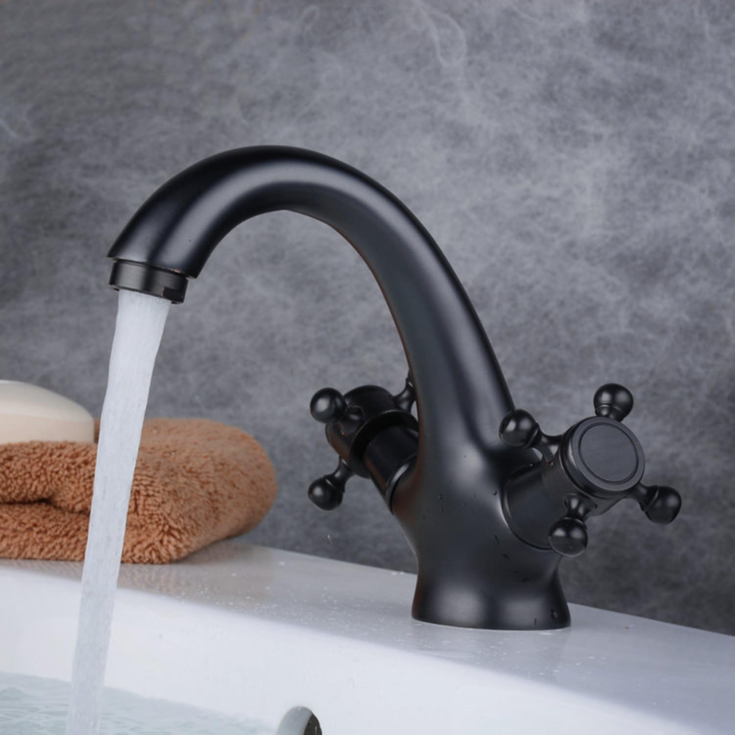 Grifo de lavabo de dos asas, grifo de baño de latón,mezclador de lavabo de baño retro,mezclador de lavabo caliente y frío (negro)