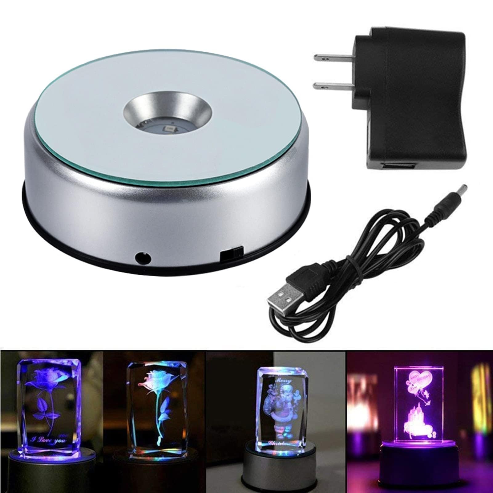 7 LED Display Turntable Base for Crystals Glass Art, 7 Colorful Light Rotating Crystal Display Base Stand with AC Adapter, Led Lighted Silver