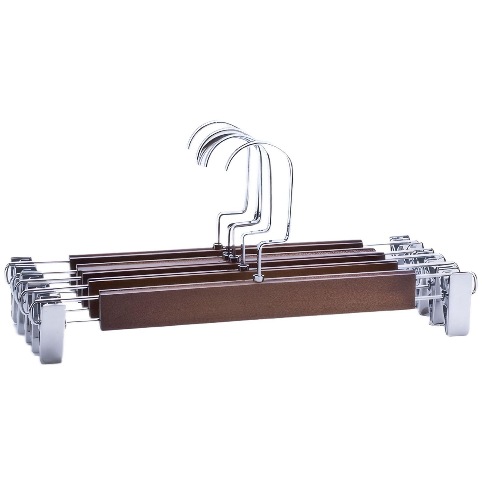 Percha de madera de alta calidad con clips para pantalones y faldas, colgador de ropa de madera suave con clips de metal para exhibición minorista y almacenamiento en el armario del hogar (marrón