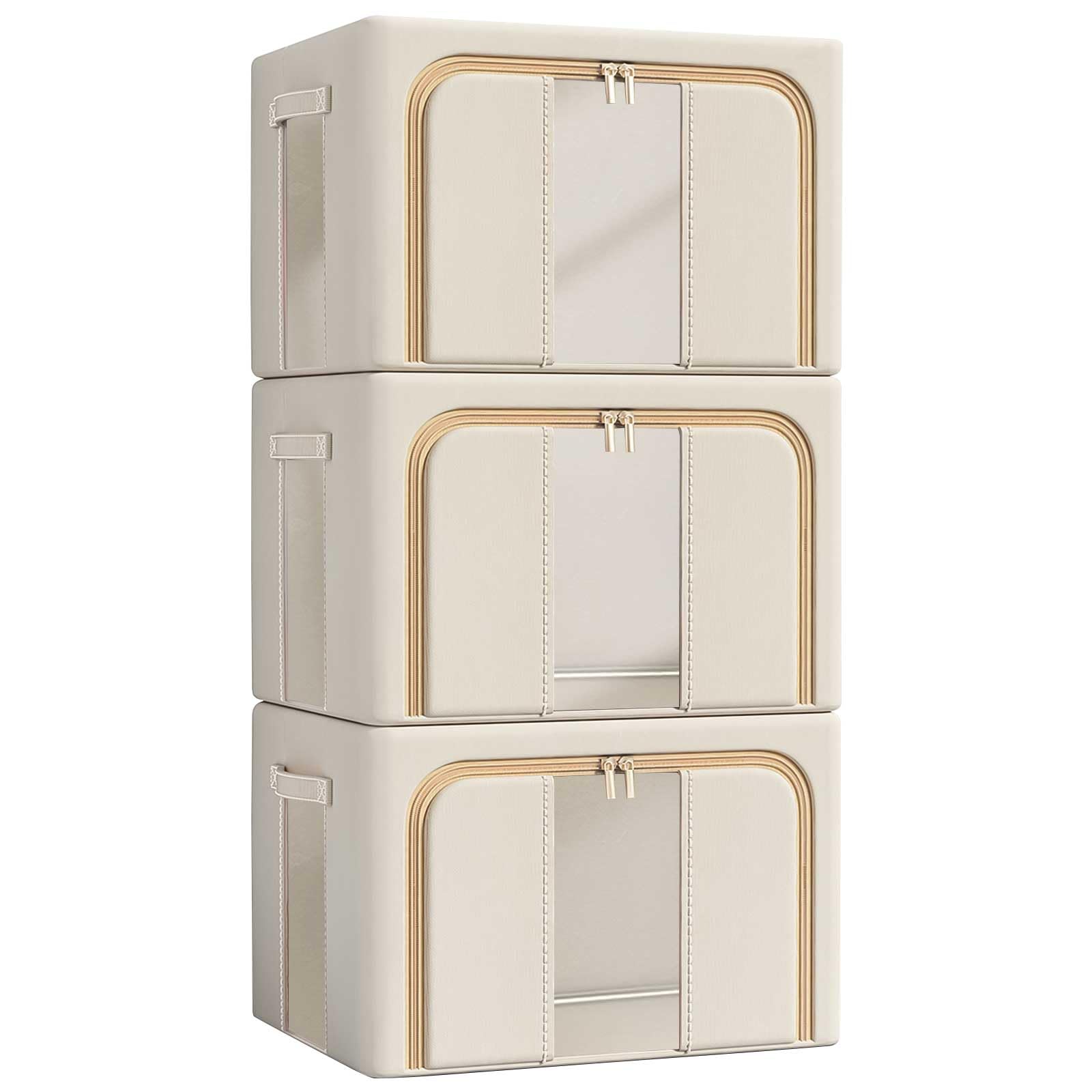 Paquete de 3 cajas de almacenamiento apilables para ropa, bolsa de almacenamiento plegable de 66 L con marco de acero, ventana transparente, apertura frontal con cremallera y asas, organizador de