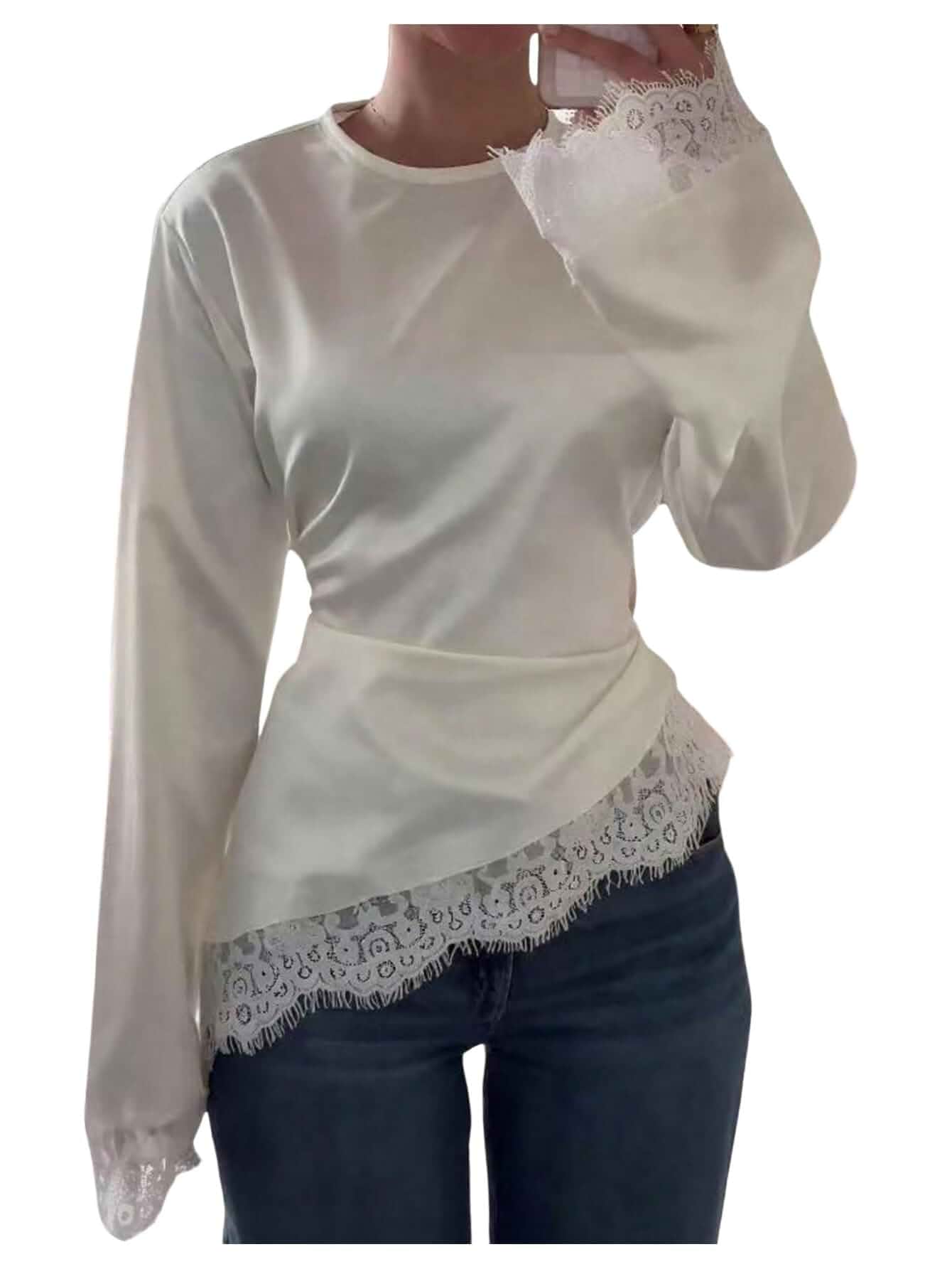 Milumia Women's Satin Asymmetrical Cinched Waist Long Sleeve Lace Blouses Going Out, Elegant, Y2k, Tie Back, Party Concert, Office, Work, Formal