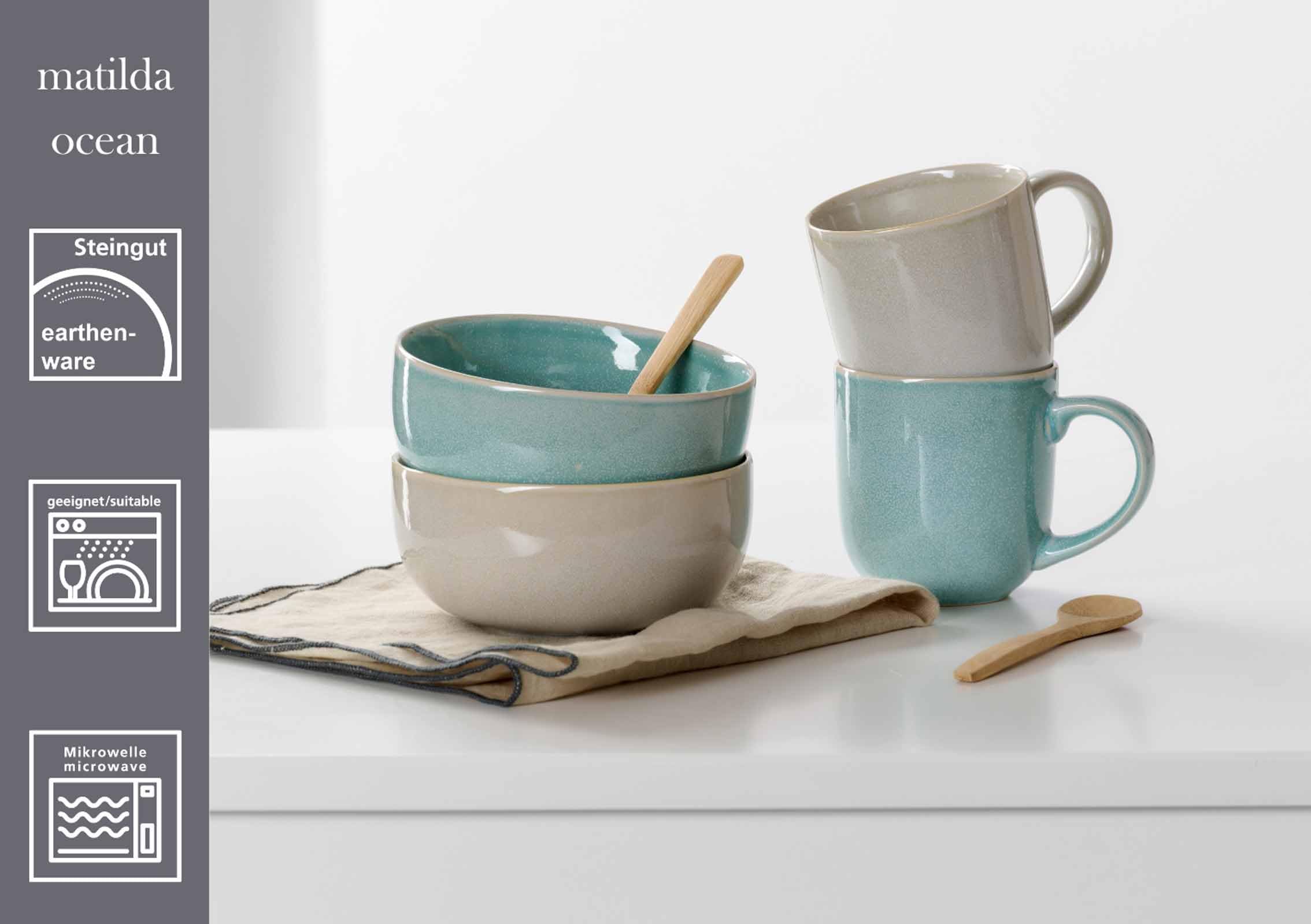 Ritzenhoff & Breker Matilda Müslischalen-Set 4-teilig, 14.5 cm, Steingut-Schalen mit Pottery-Charme und Reaktivglasur, Spülmaschinengeeignet, Ocean