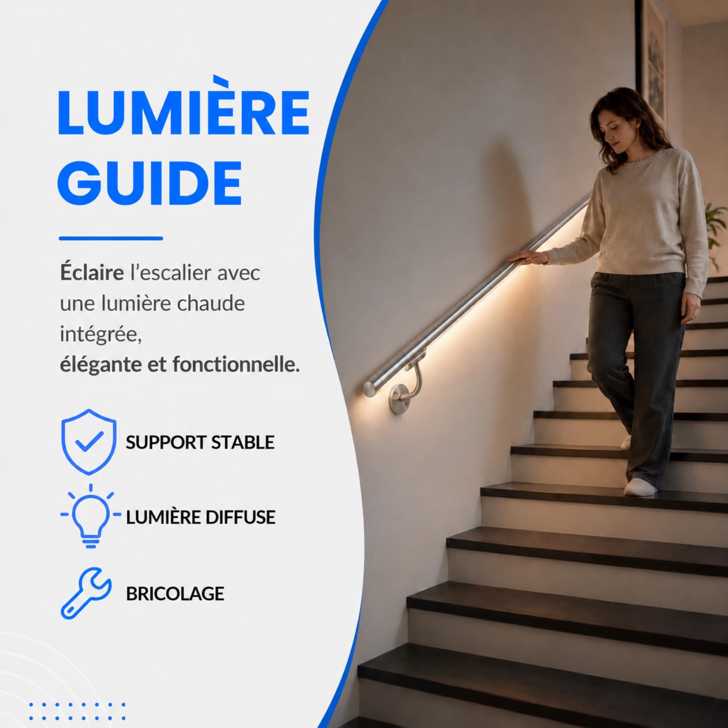 Rampe d'escalier en acier inoxydable avec LED blanc naturel, multicolore, prédisposition LED (190 cm, rampe avec LED lumière chaude 3000 K)