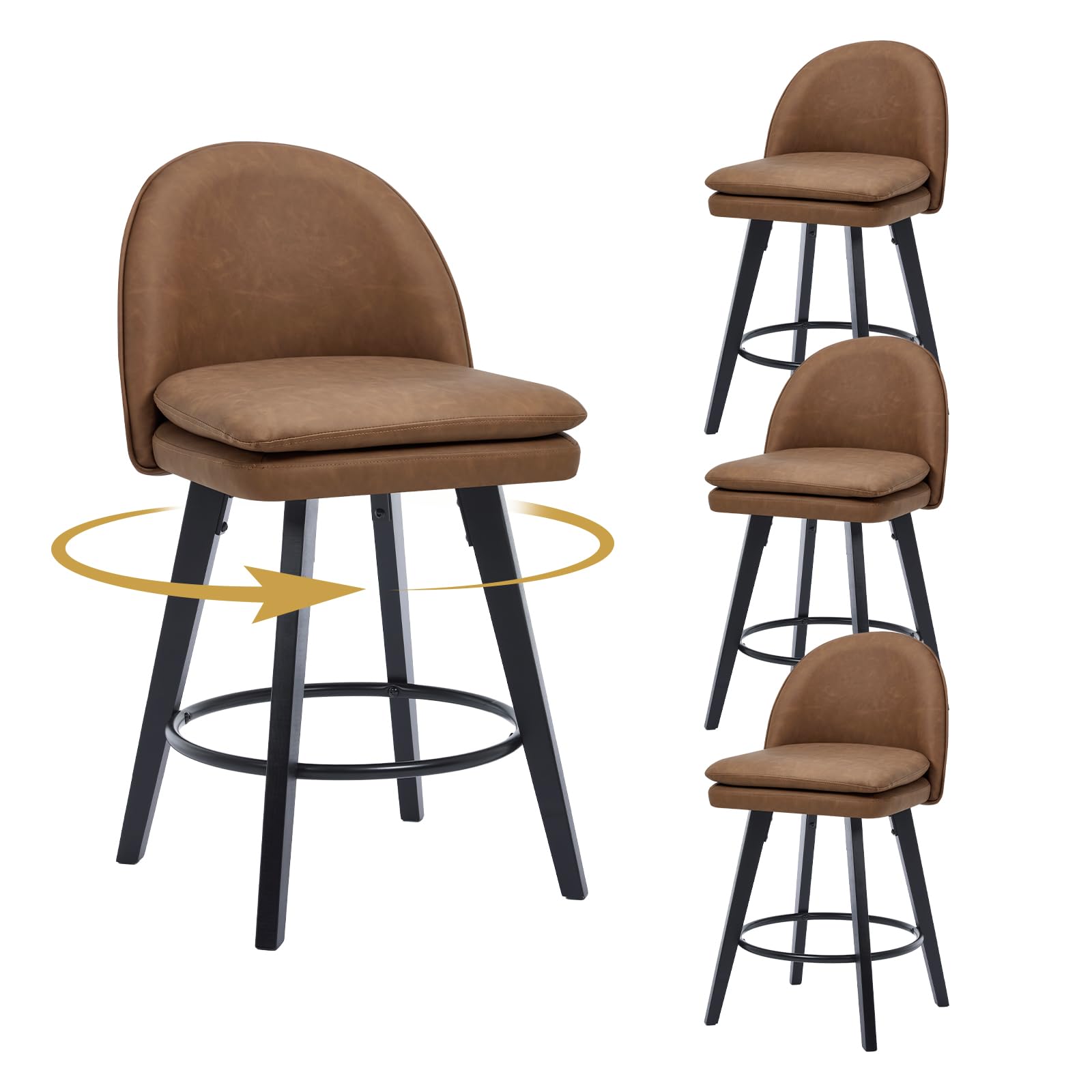 Chummaven Leather Bar Stools Set of 4 Swivel Counter Chair with Back, Brown