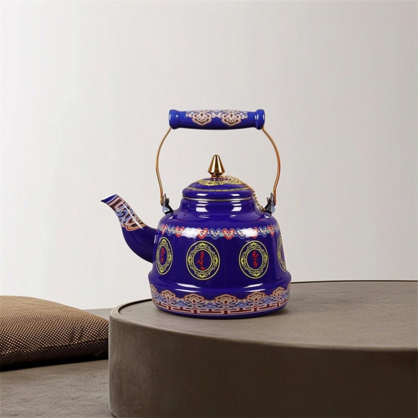 perfeclan Tetera de Esmalte Hervidor Jarra Recipiente para Bebidas con Mongoles y Dorados Cuerpo Amplio y Vertido Estable Adecuada para Infusiones Servicio de, 1.7 Litros