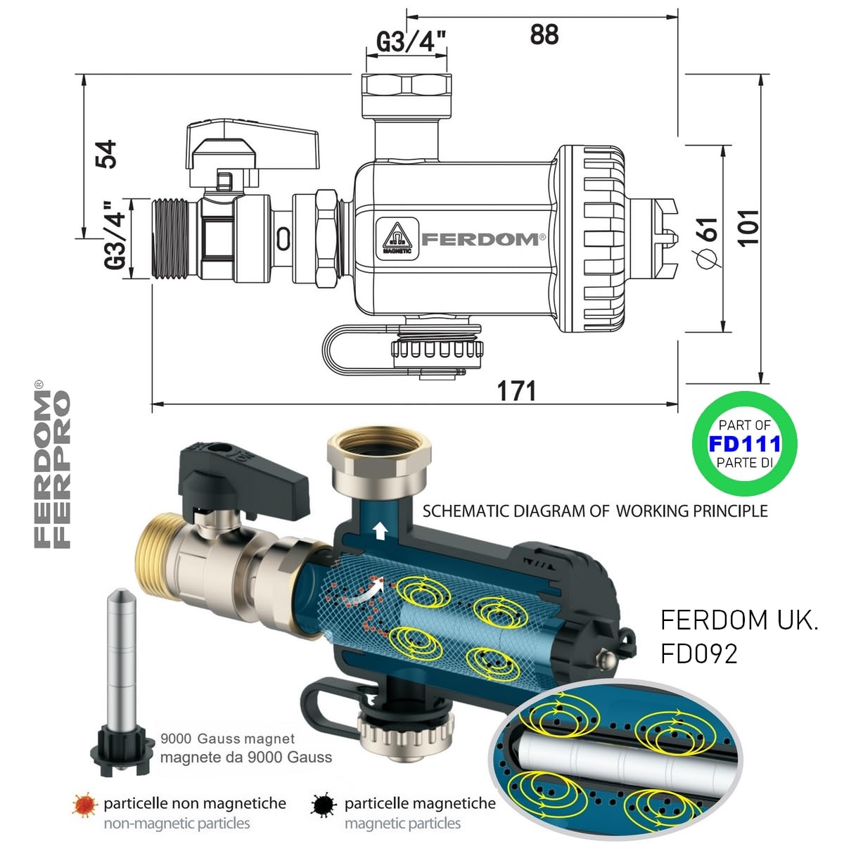KIT SALVA CALDAIA FD111 Ferdom. 3In1. Filtro Defangatore Magnetico Sottocaldaia +Anticalcare Dosatore Proporzionale Di Polifosfati +Neutralizzatore Di Condensa. Per caldaie fino a 24kW. Fai-da-te. NEW