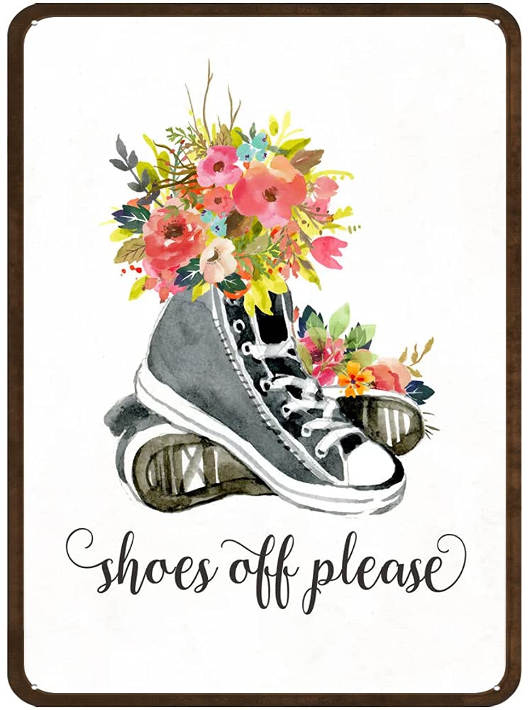 DAIERCY Shoes Off Please Fun Tin Sign Entry Sign Foyer Sign Watercolor Floral Sneakers Wall Art Home Decor Quote Printable Metal Sign Houseswarming Gift 5.5x8 Inch