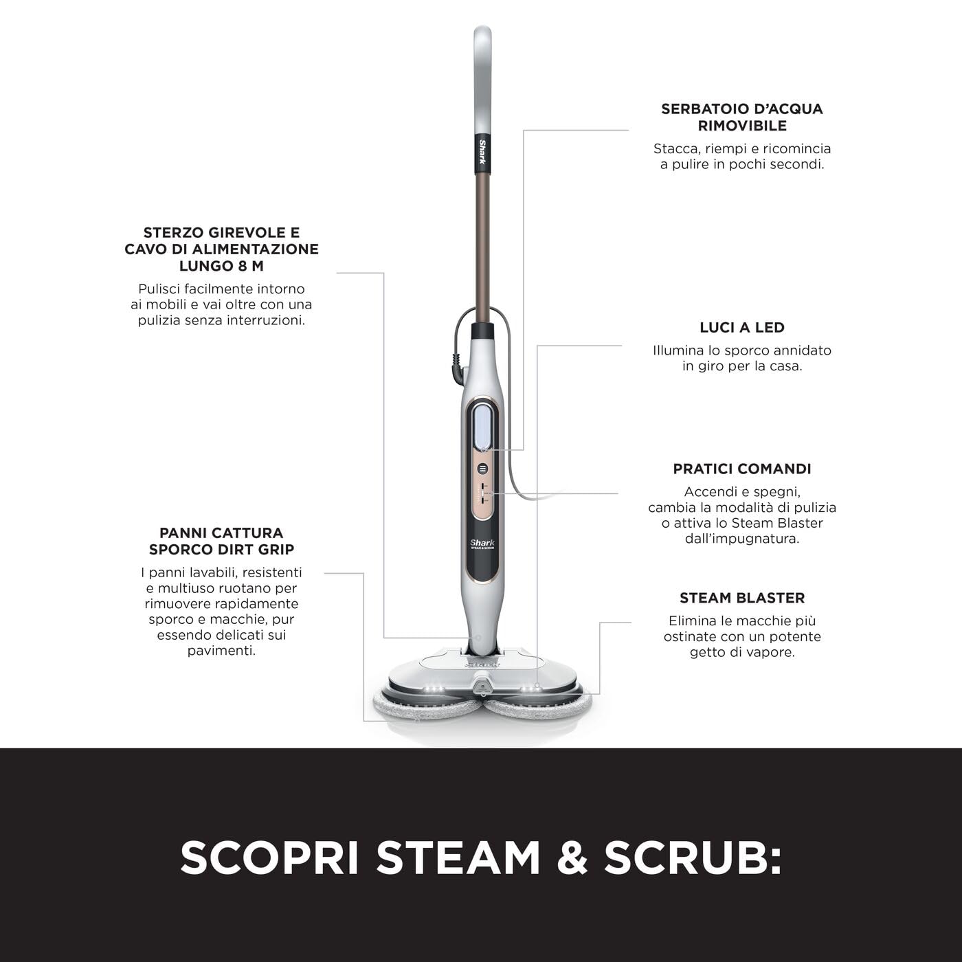 Shark Steam Mop, Scopa a Vapore Lavapavimenti Automatico con Steam Blaster, 2 Panni Lavabili Rotanti, 3 Modalità, Igienizza, Rimuove Macchie e Sporco, Tutti i Tipi di Pavimenti, Bianco/Grigio, S8201EU