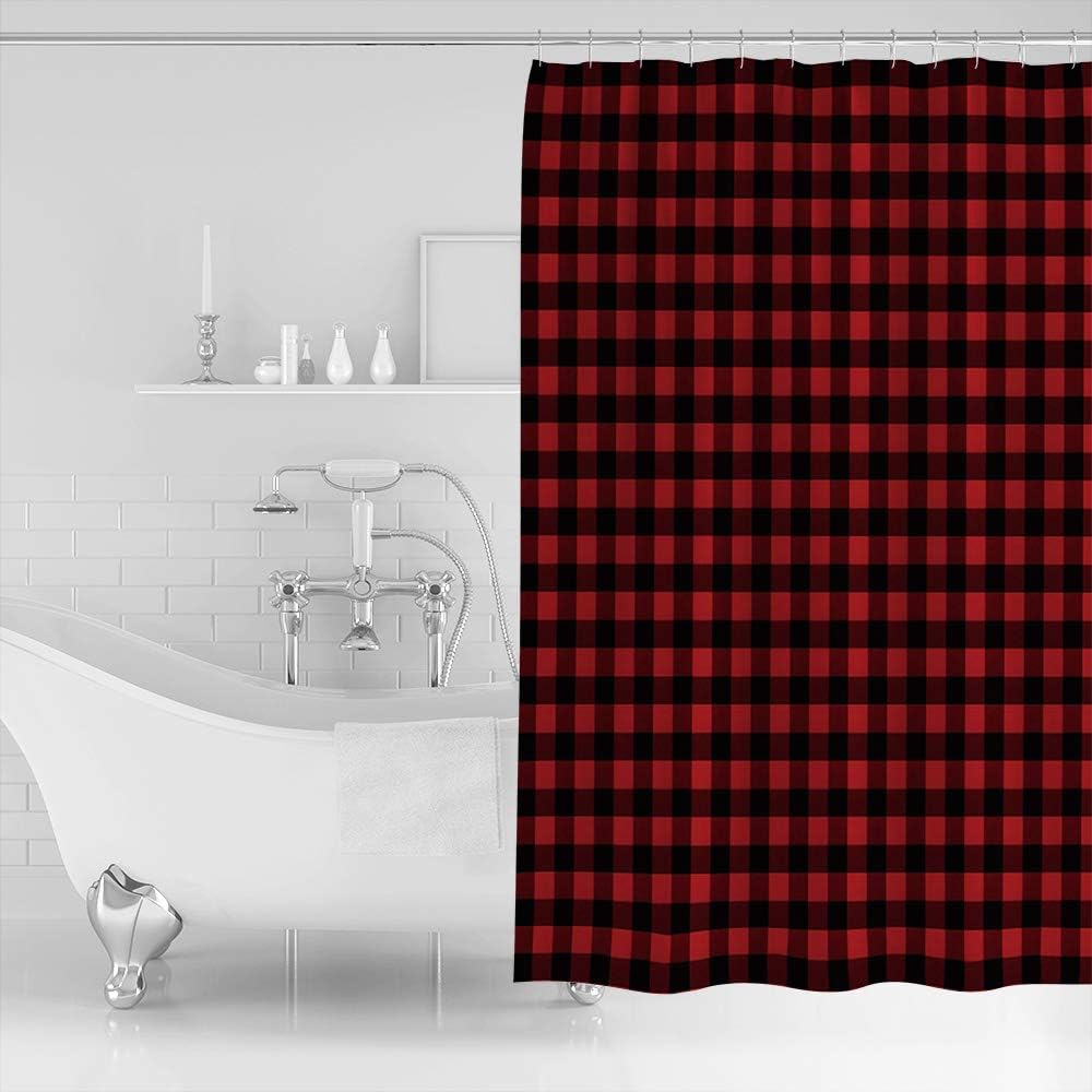Libaoge Shower Curtain Set - Buffalo Plaid Curtains Classic Retro Red Black Checked Pattern Art Print Bathroom Shower Decor Waterproof Polyester Fabrics Comstomized Design 60" W x 72" H