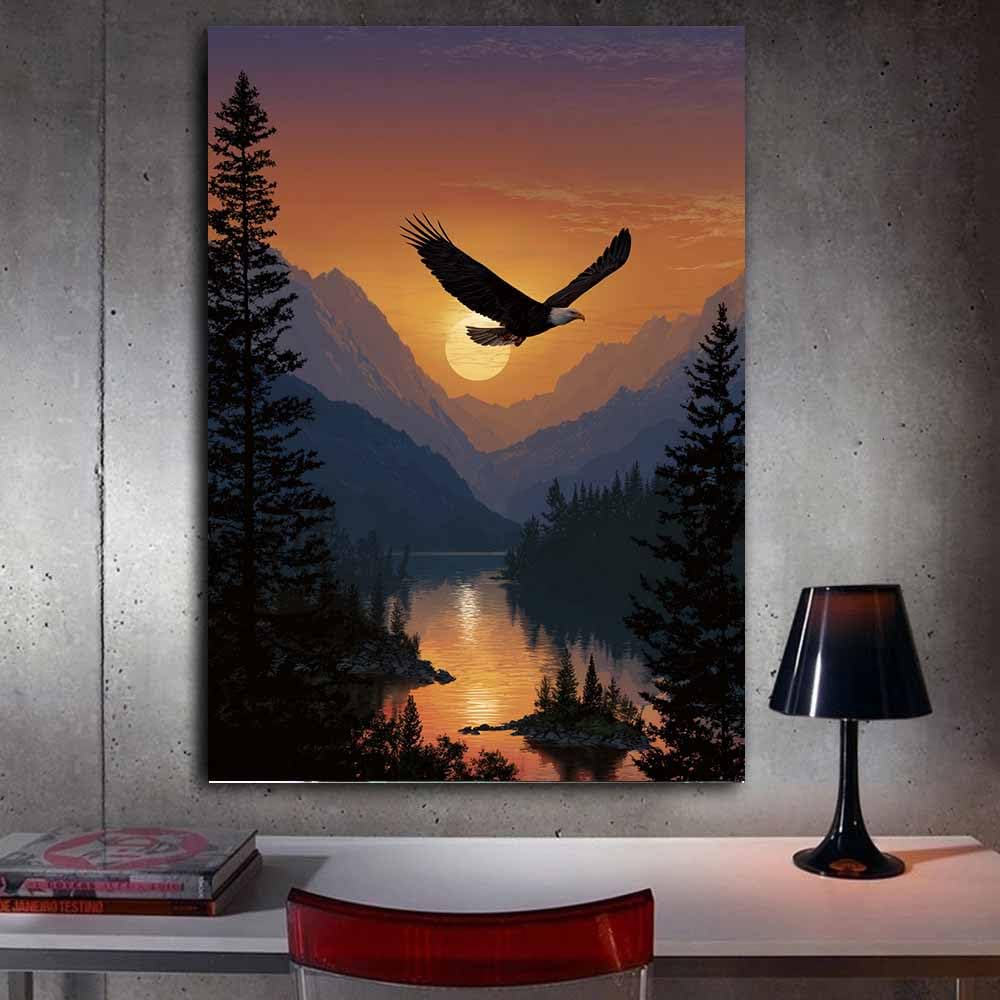 HUYEEI Krajobraz na płótnie Dolina orłów o zmierzchu dekoracje ścienne, dekoracja domu, nadaje się do salonu, sypialni, biura itp. (brązowy)-60 x 90 cm w ramie