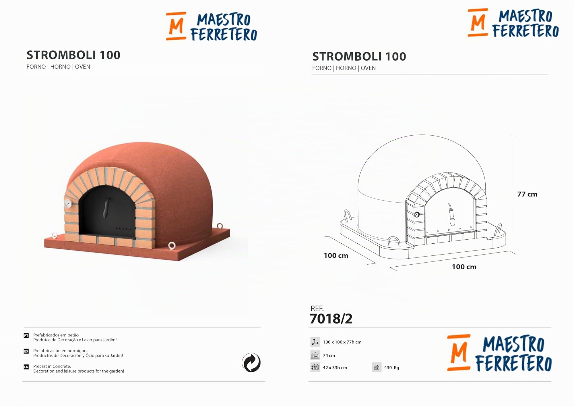MOVELAR - Horno de Leña Exterior de Obra STROMBOLI (Burdeos - 100 x 100 x 77 cm) - Horno tradicional exterior, aislado con corcho, 3 mantas cerámicas, perfecto para cocinar con leña - REF: 7018/2