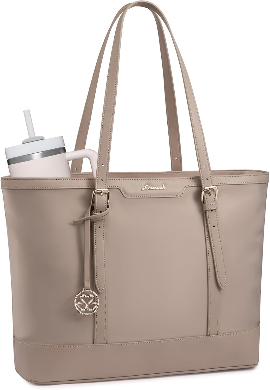 LOVEVOOK Work Tote Bag for Women 15.6 Inch Laptop Computer Bags with Cup Holder, Large Teacher Bag Briefcase for Business Office Travel Nude, Nylon&PU