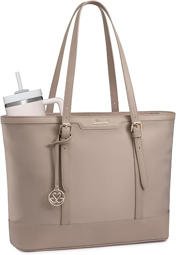 LOVEVOOK Work Tote Bag for Women 15.6 Inch Laptop Computer Bags with Cup Holder, Large Teacher Bag Briefcase for Business Office Travel Nude, Nylon&PU