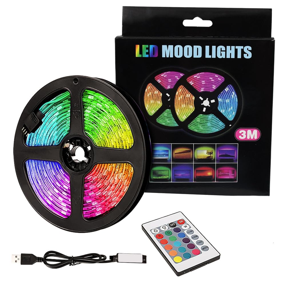 Image of RGB LED Strip Lights 3 Meter with Remote Control | USB Powered Multi-Color LED Light Strip | Waterproof Mood Lights for TV, Bedroom, Gaming Setup, Home Decoration & Party Decor