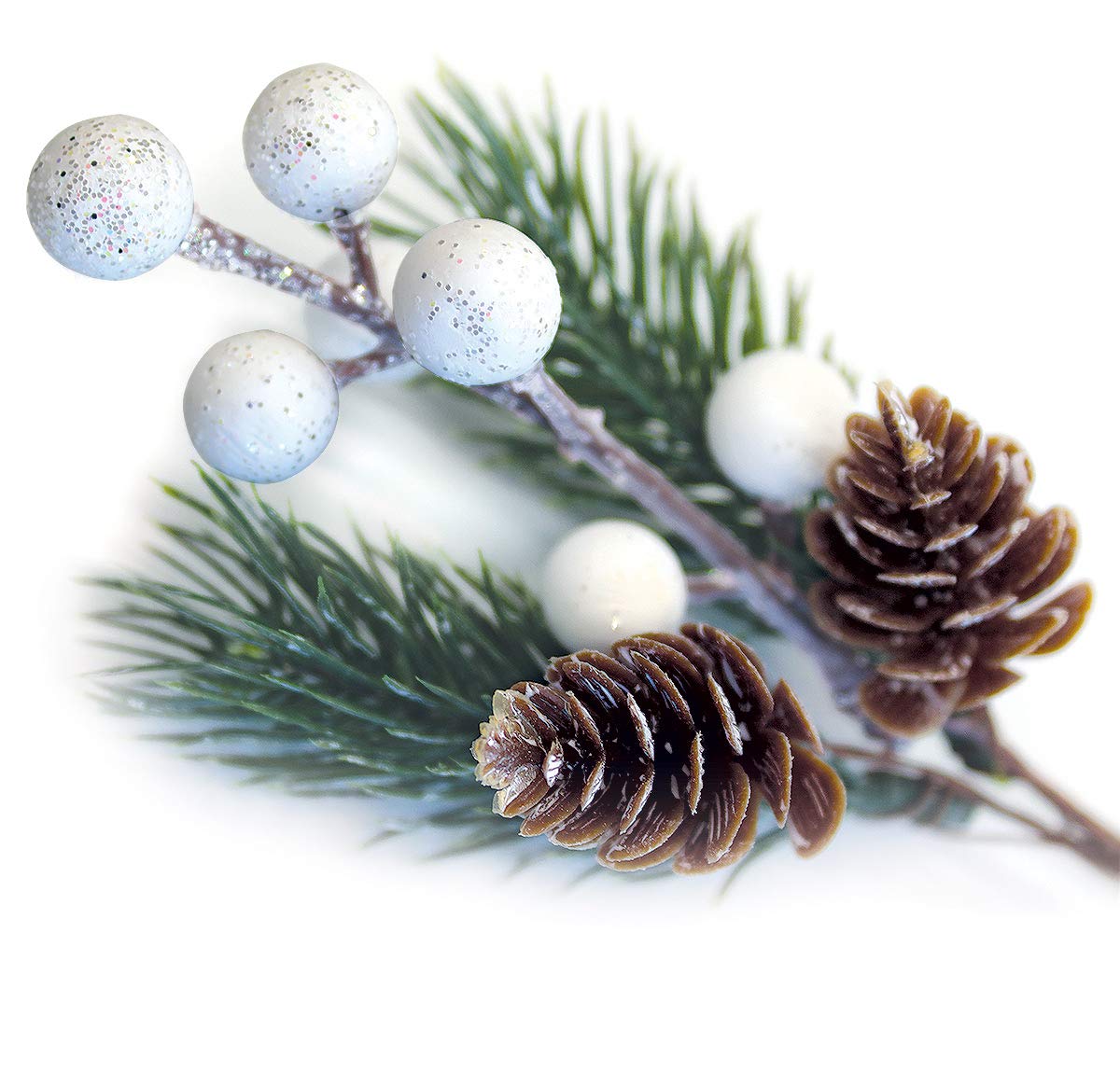 OLYPHAN White Christmas Berries/Berry Stems w. Pine Branches & Artificial Pine Cones/White Holly Spray/Wreath Picks for Winter Decor, Holiday Crafts, Xmas Decorations/Decorative Pick (Snow)
