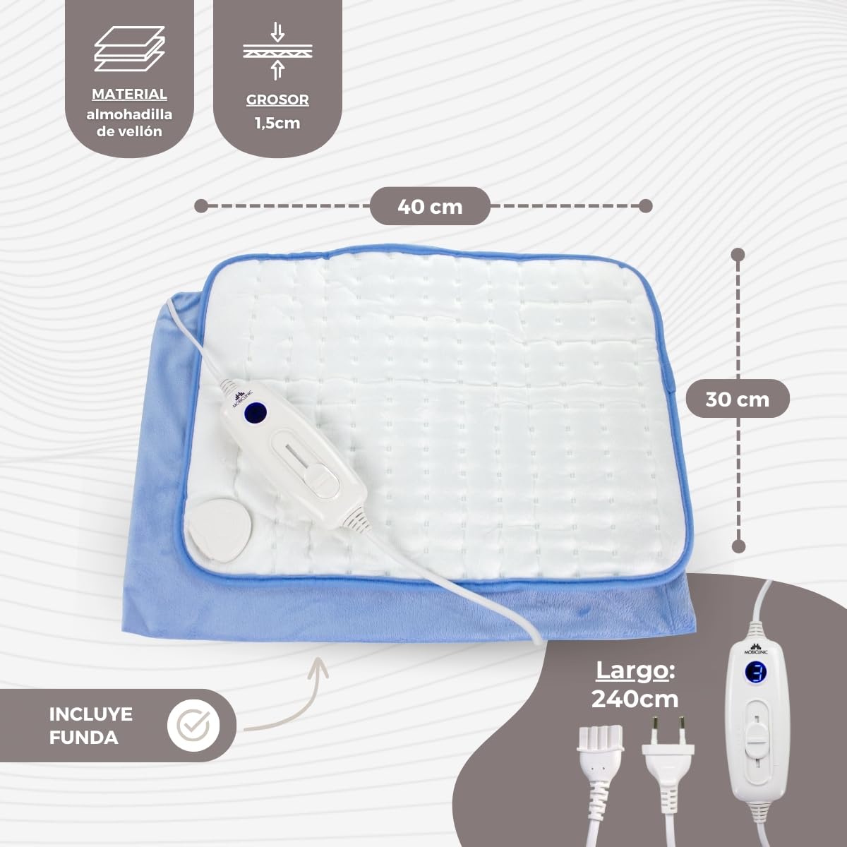 Mobiclinic, Almohadilla eléctrica, Térmica dorsal, 6 niveles de calor, Muy bajo consumo, 100w, Apagado automático, Para espalda, Lumbares y cervicales, Lavable, Esterilla, 40x30