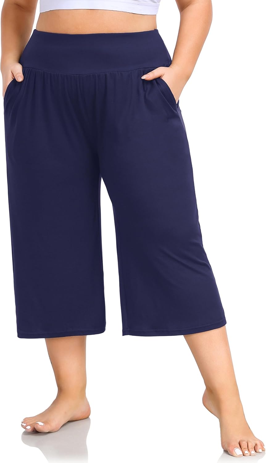 ZERDOCEAN Women's Plus Size Wide Leg Capris High Waist Yoga Pants Casual Loose Lounge Pants with Pockets - Image 4