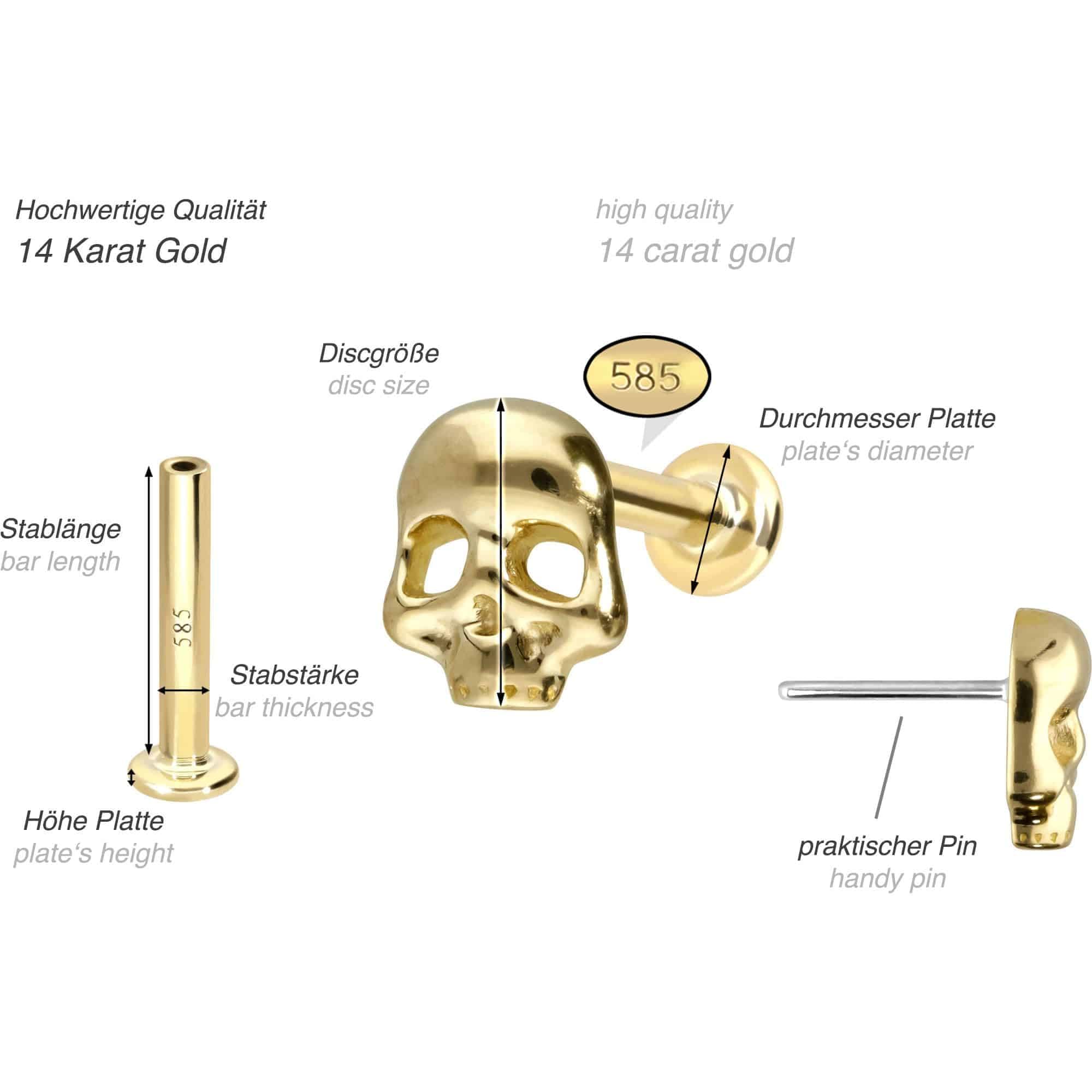 PIERCINGLINE Piercing Stecker 14 Gold Labret mit Push Fit TOTENKOPF 585er Gold - Roségoldfarben, Goldfarben, Silberfarben